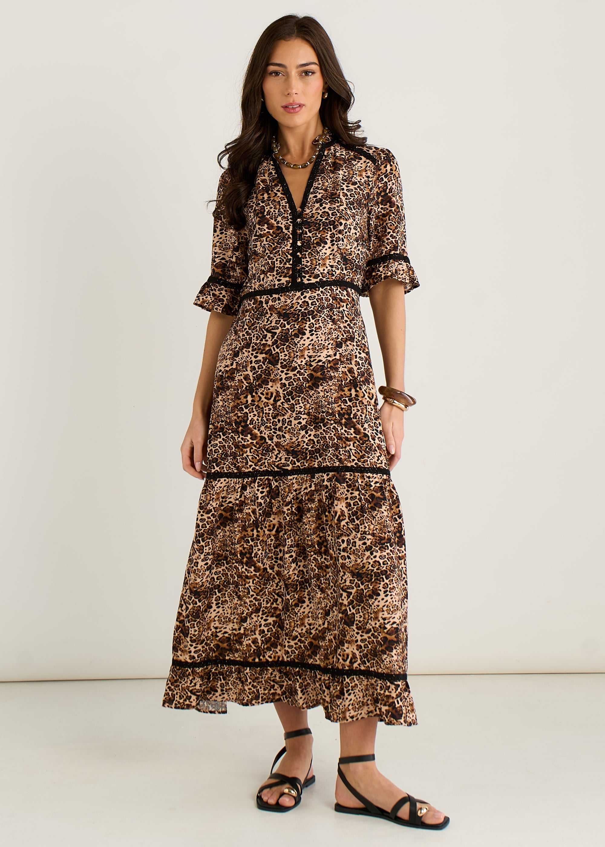 Gini London Brown Animal Print Lace Trim Tiered Midi Dress