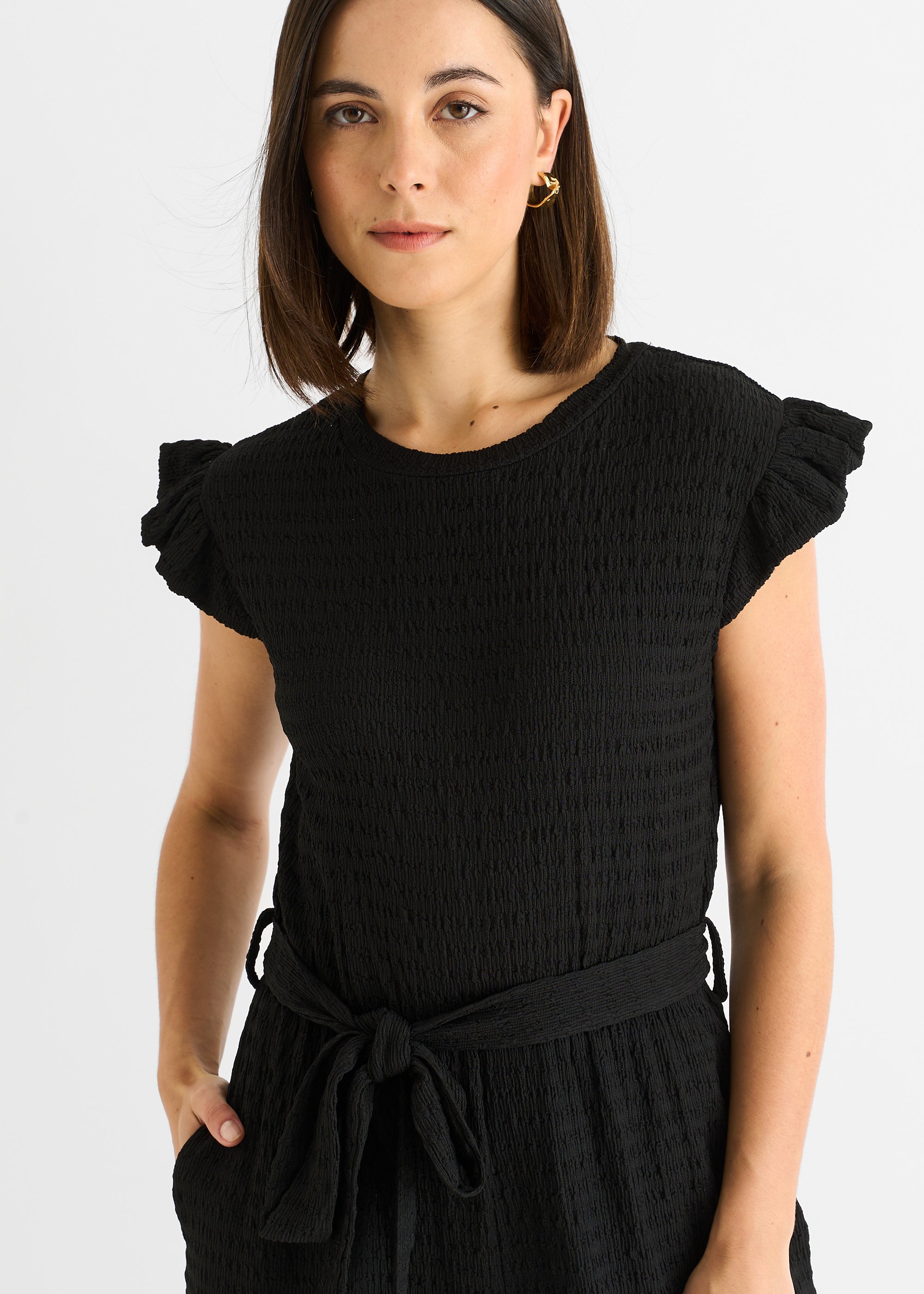 Gini London Black Stretch Texture Frill Elasticated Waist Jumpsuit