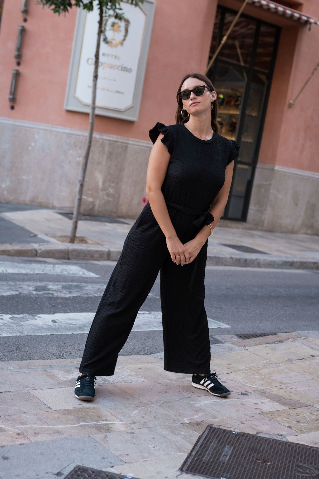 Gini London Black Stretch Texture Frill Elasticated Waist Jumpsuit
