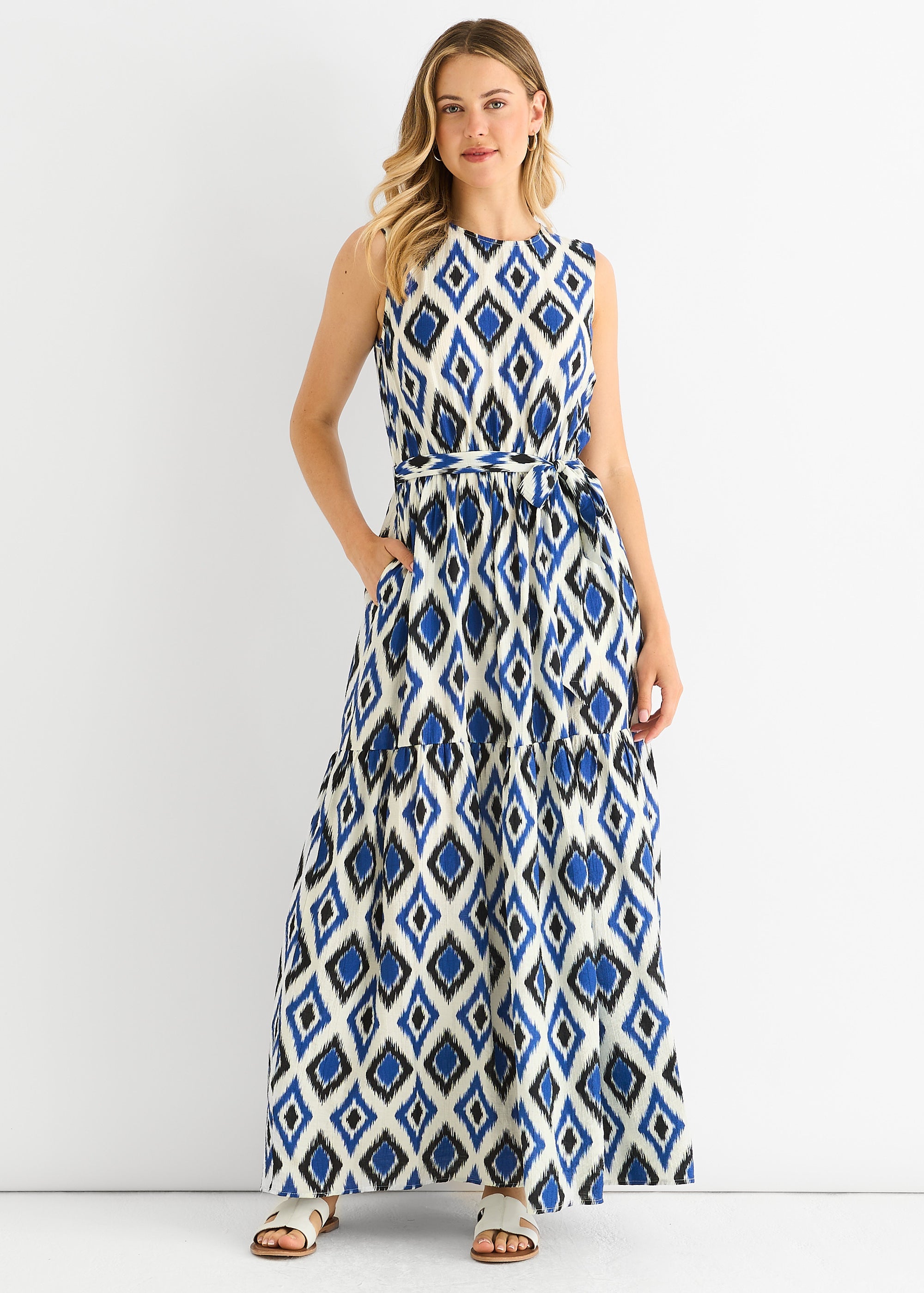 Blue Geo Print Elasticated Waist Maxi Dress