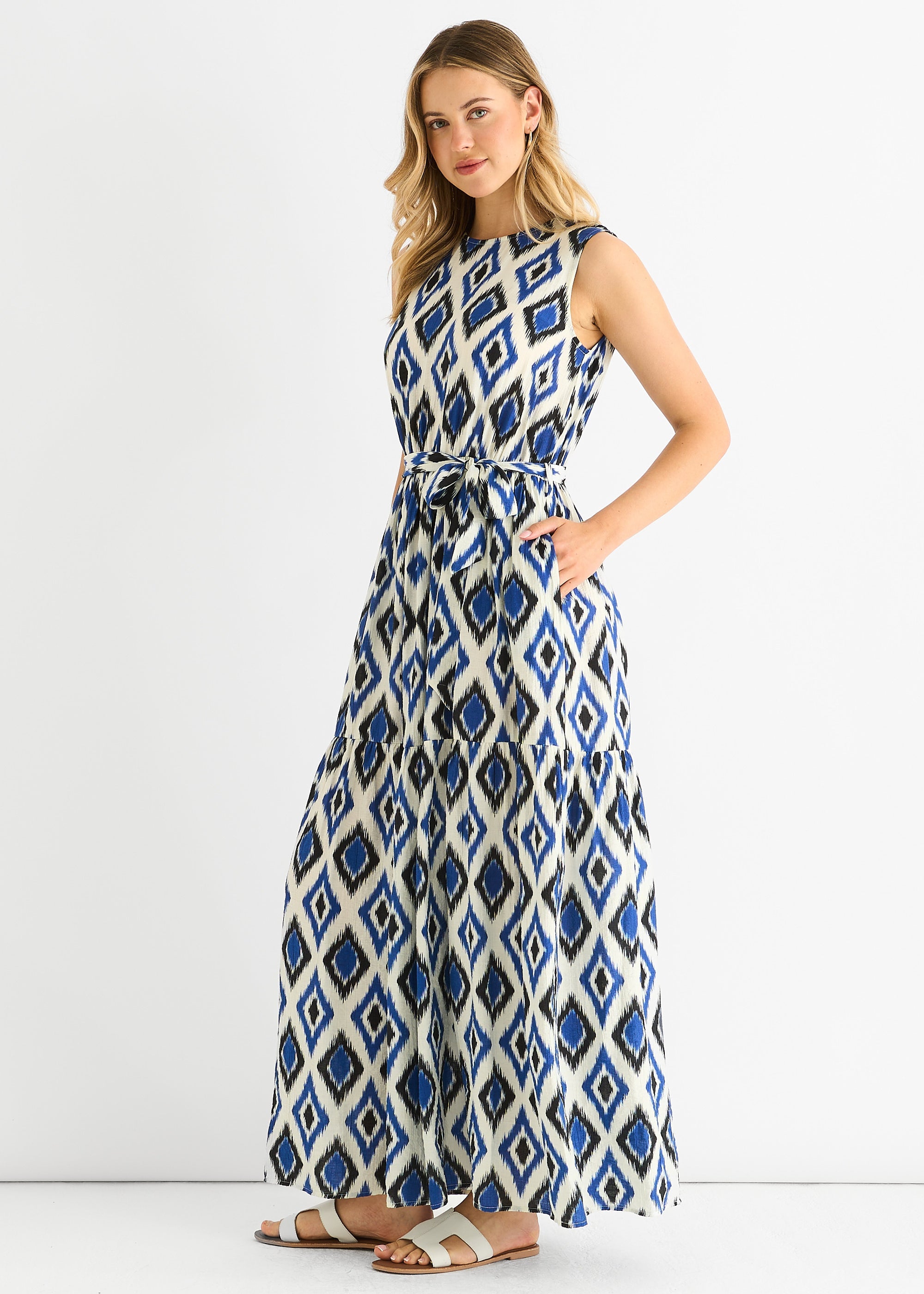 Gini London Blue Geo Print Elasticated Waist Maxi Dress