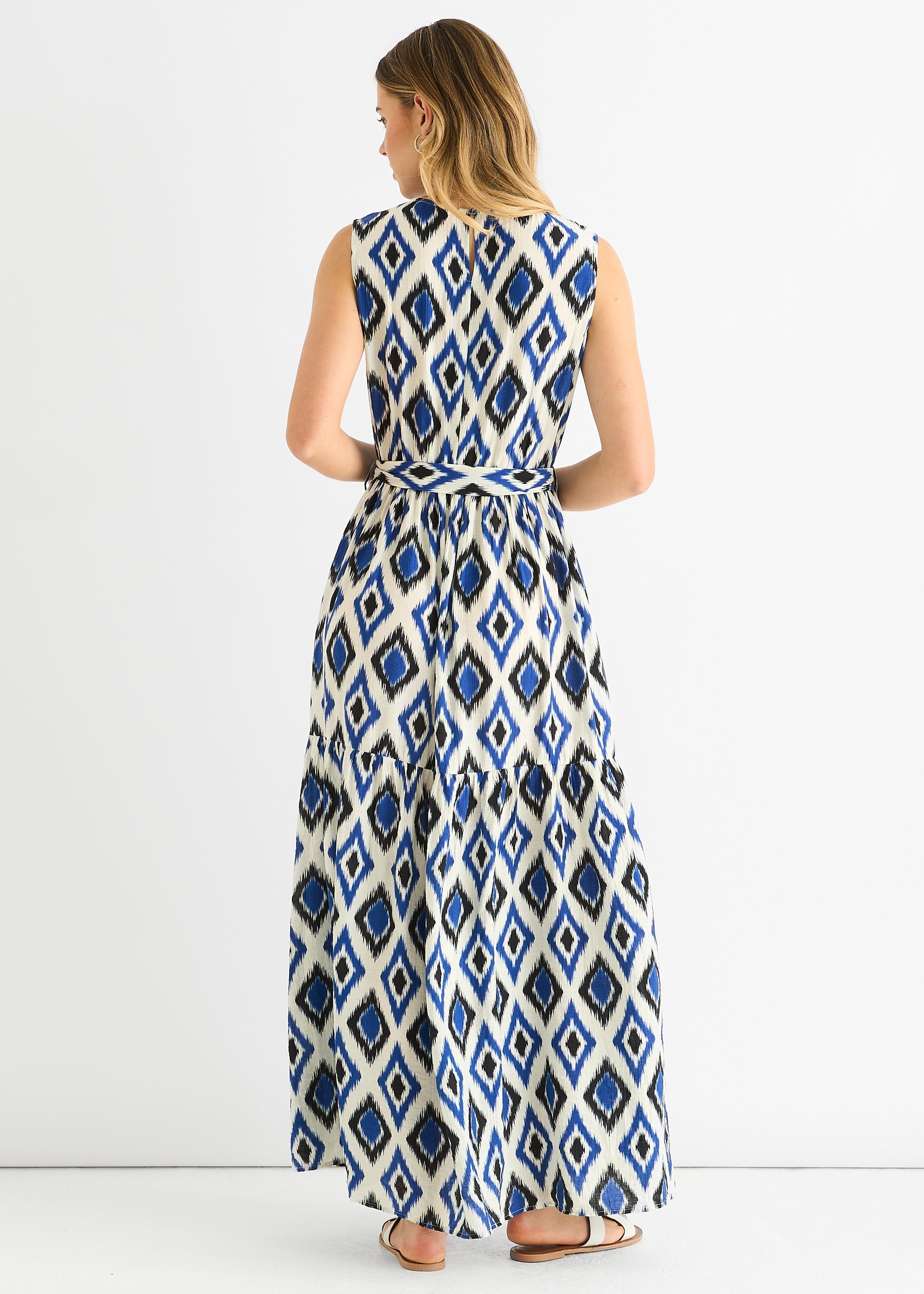 Gini London Blue Geo Print Elasticated Waist Maxi Dress