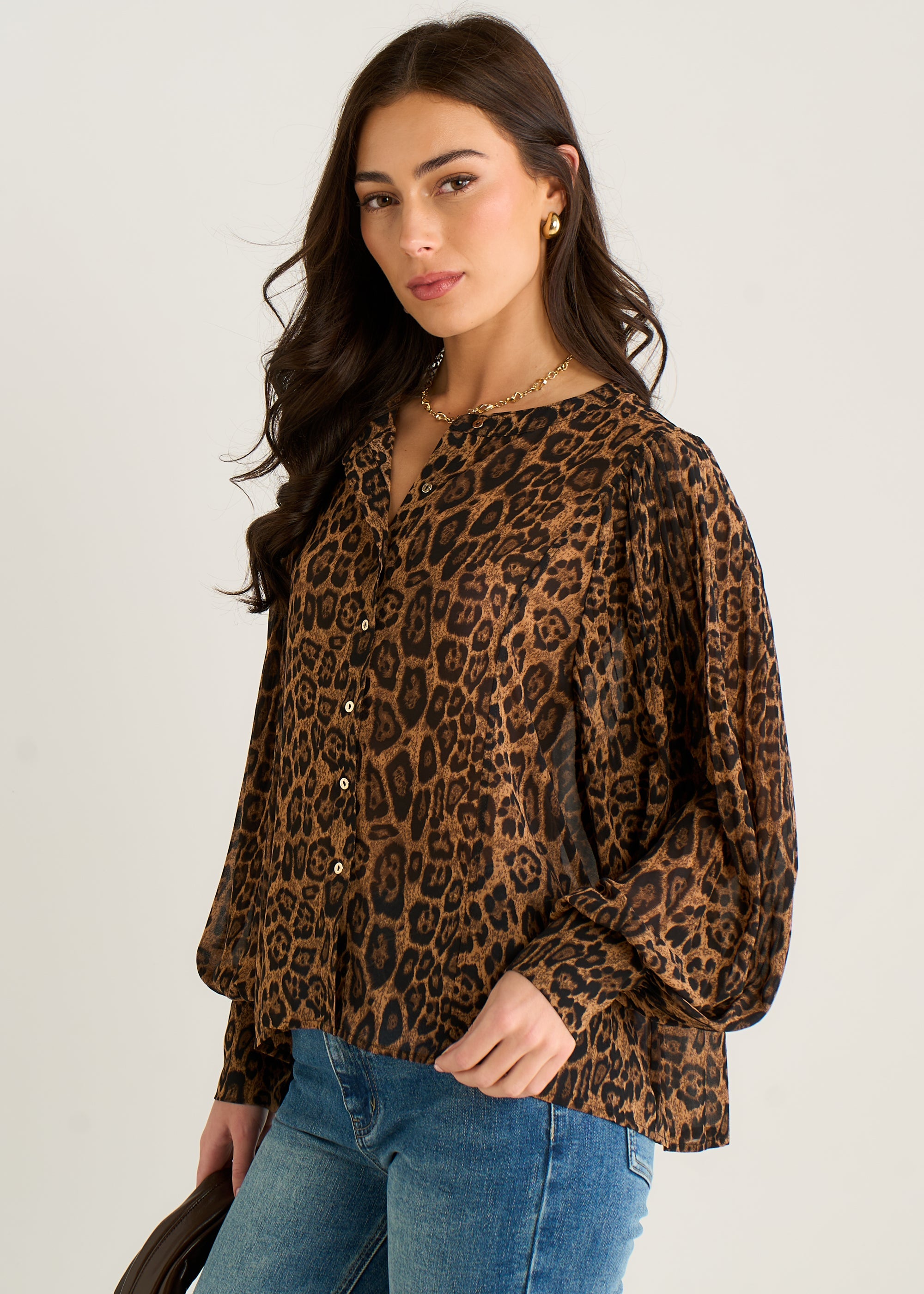 Gini London Brown Chiffon Animal Print Pleated Shift Shirt Blouse