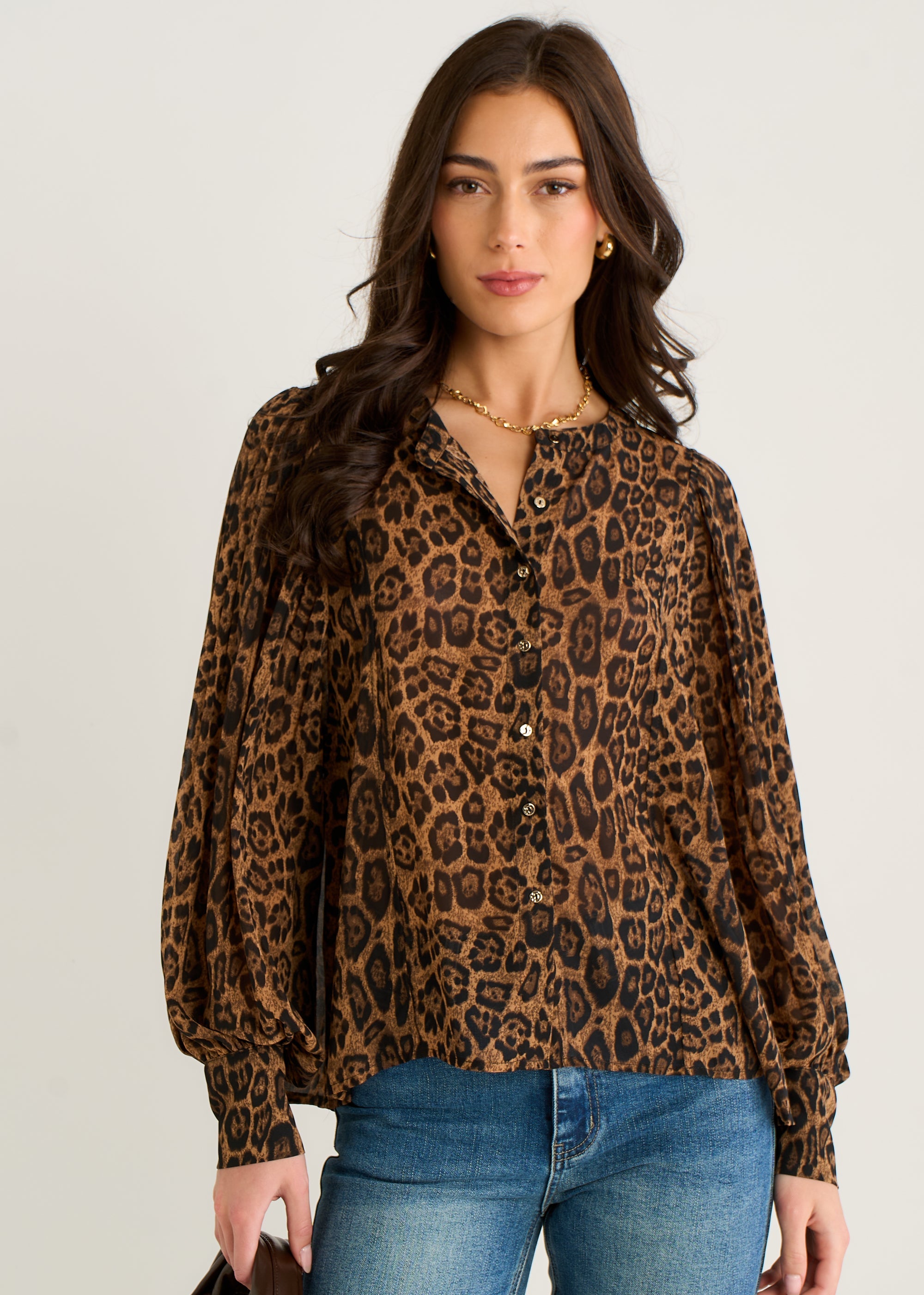 Gini London Brown Chiffon Animal Print Pleated Shift Shirt Blouse