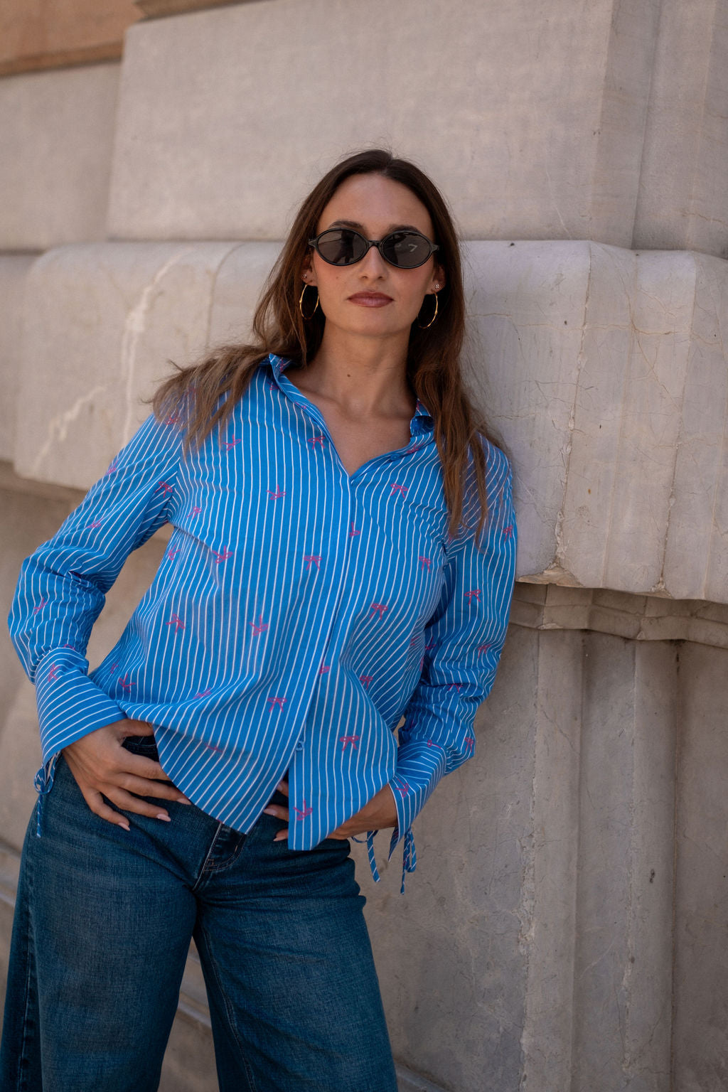 Gini London Blue Bow Embroidered Extreme Cuff Stripe Shirt