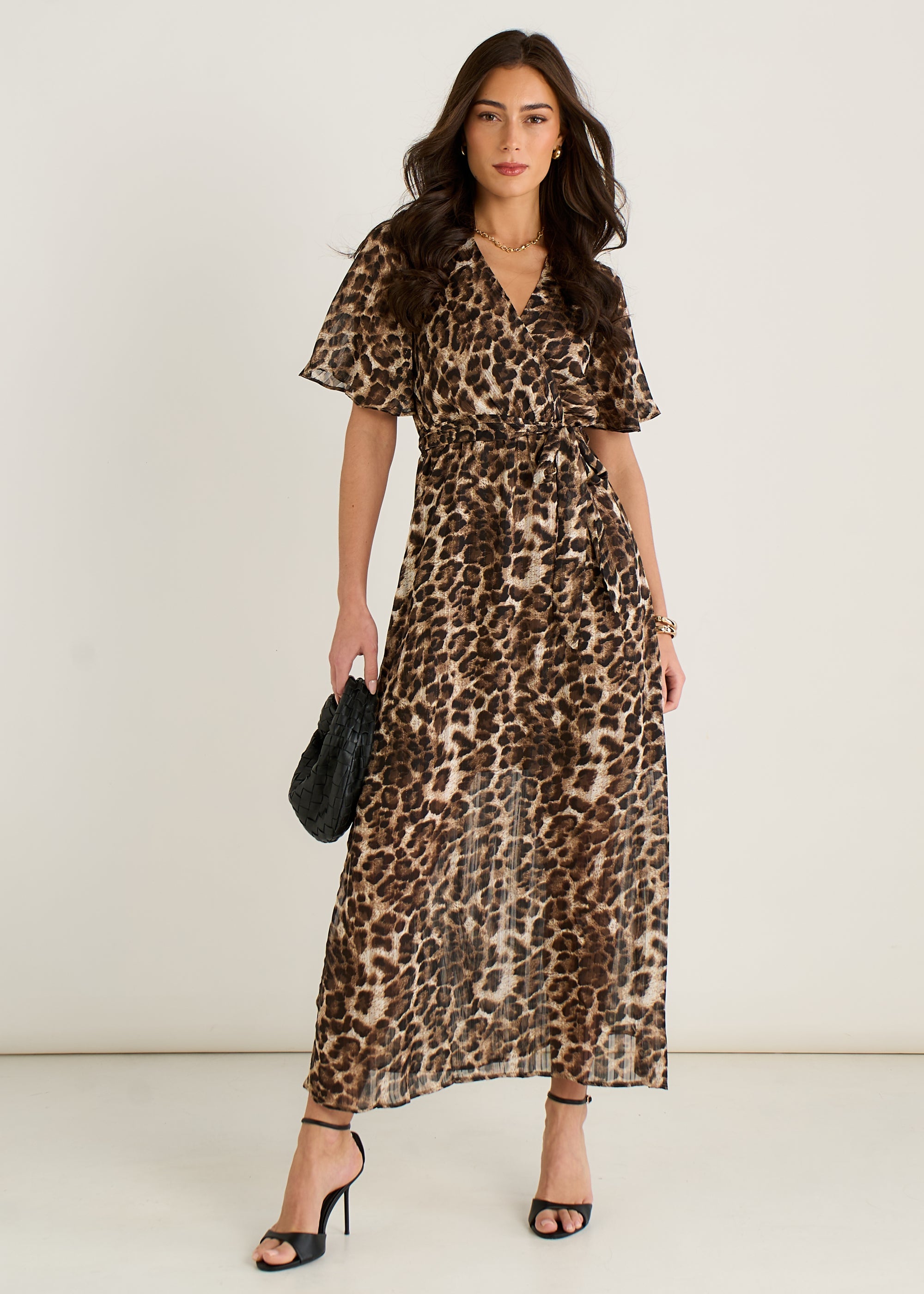 Gini London Brown Chiffon Animal Sparkle Stripe Wrap Midi Dress