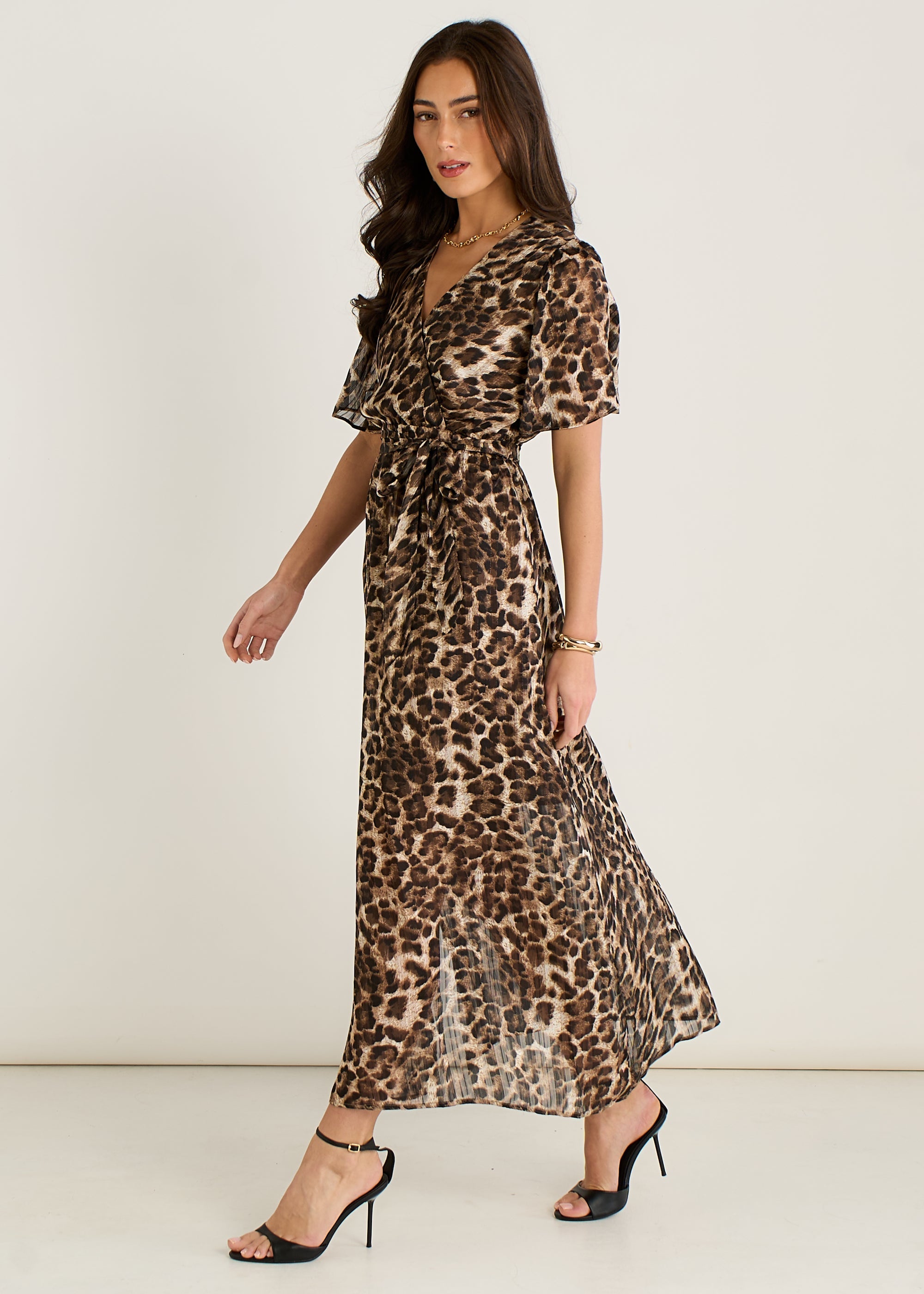 Gini London Brown Chiffon Animal Sparkle Stripe Wrap Midi Dress