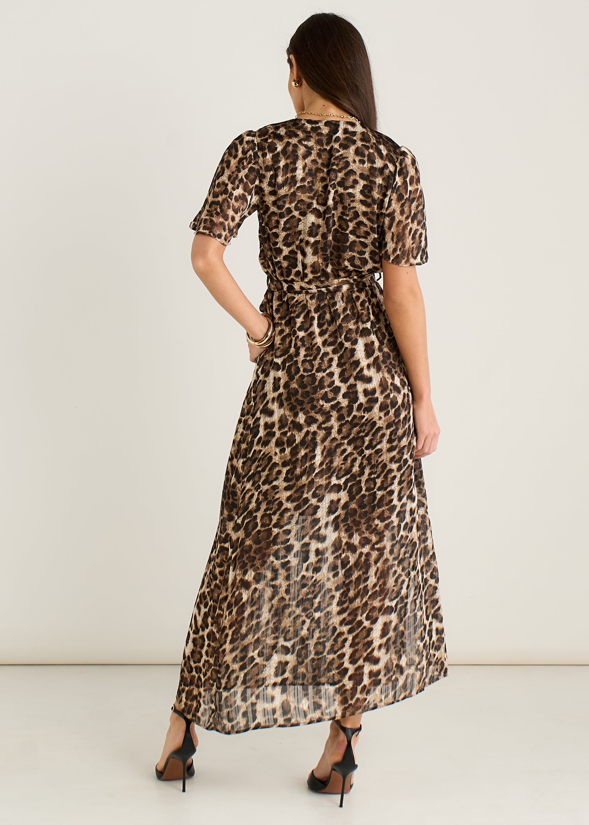 Gini London Brown Chiffon Animal Sparkle Stripe Wrap Midi Dress