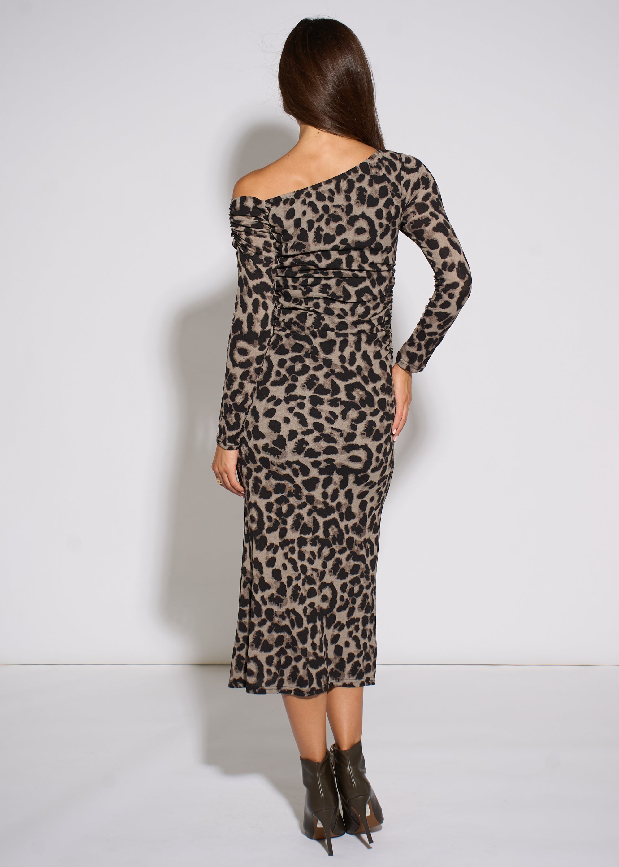 Gini London Grey Animal Jersey Animal One Shoulder Midi Dress