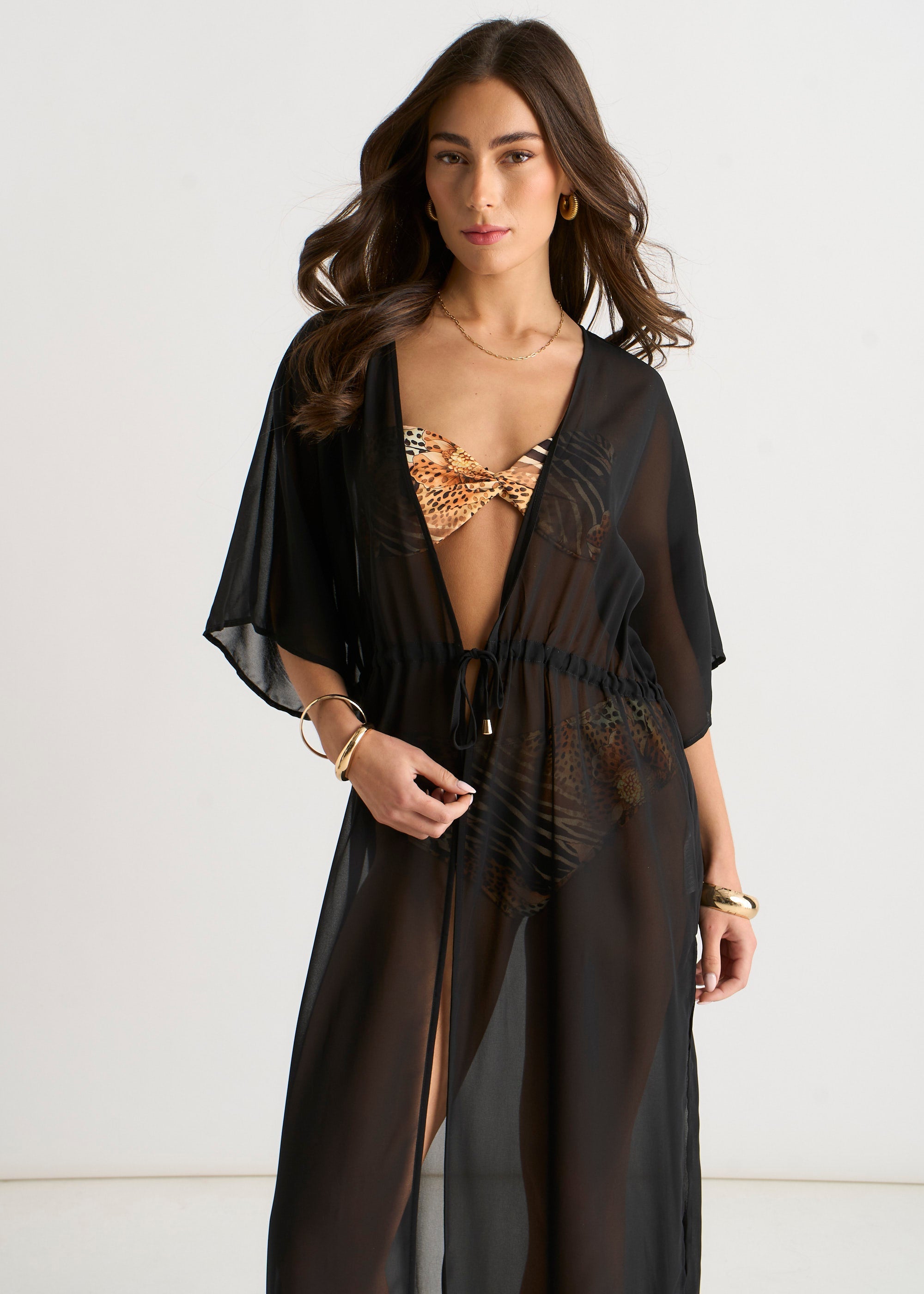 Black Flowy Open Front Beach Cover Kimono