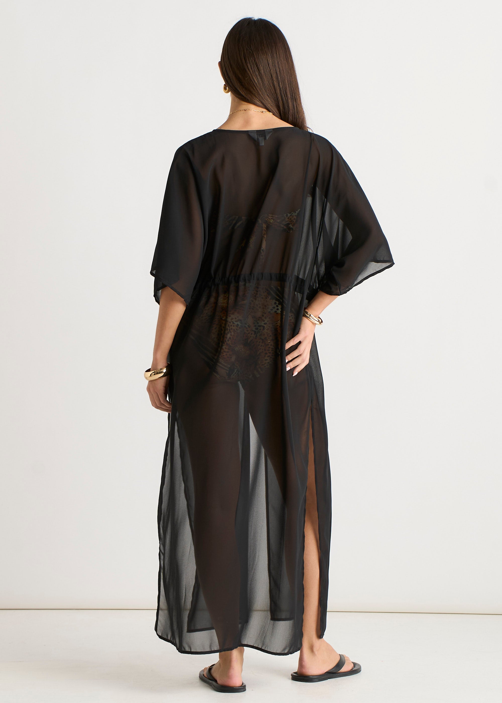 Black Flowy Open Front Beach Cover Kimono