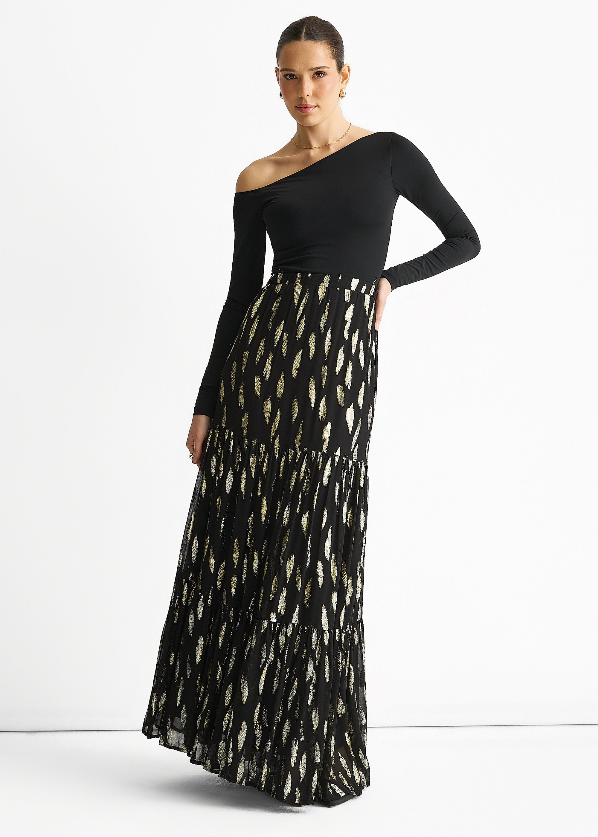 Gini London Black Clipped Jacquard Tiered Maxi Skirt