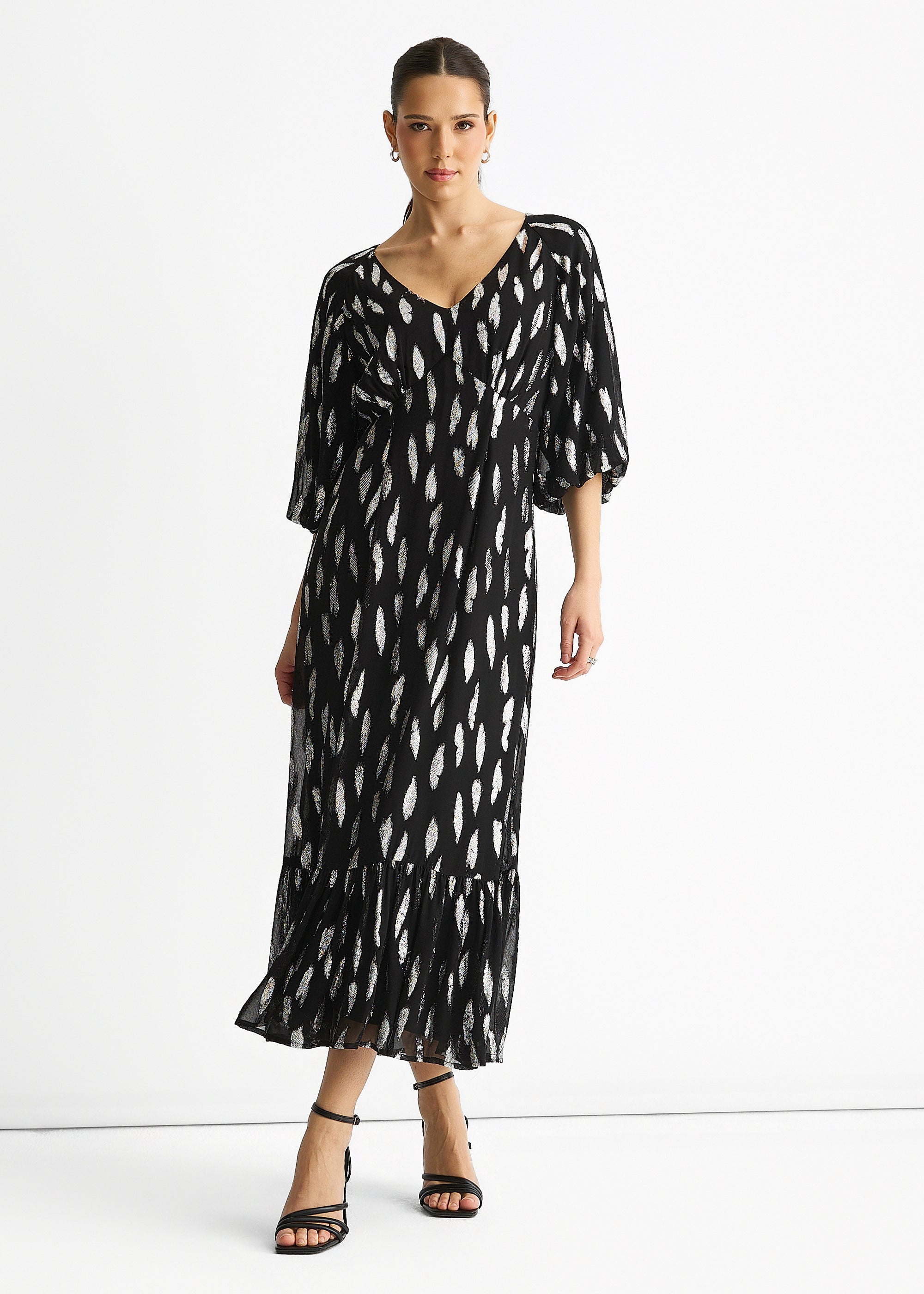 Gini London Black Viscose Clipped Balloon Sleeve Maxi Dress