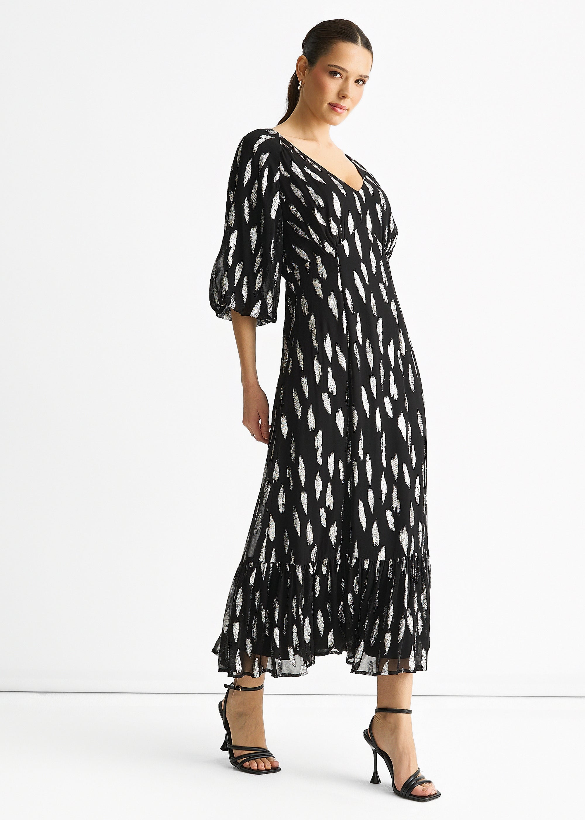Gini London Black Viscose Clipped Balloon Sleeve Maxi Dress