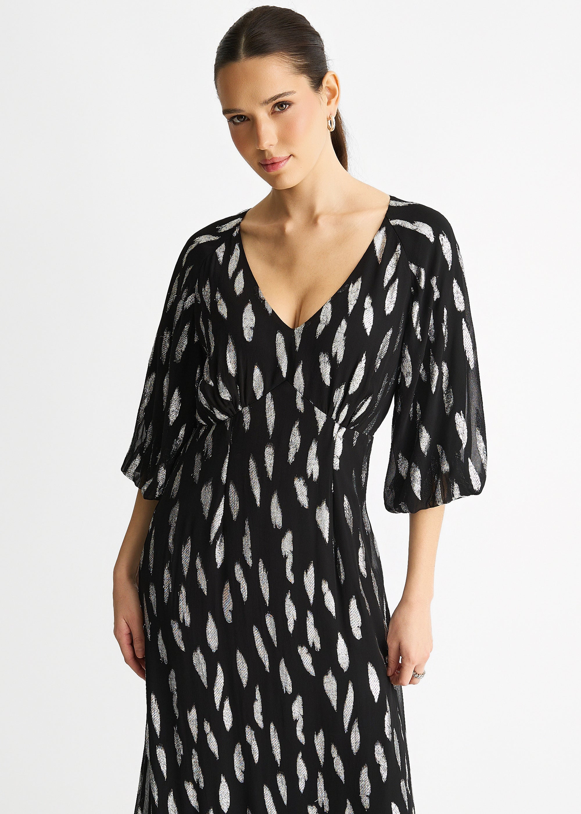 Gini London Black Viscose Clipped Balloon Sleeve Maxi Dress
