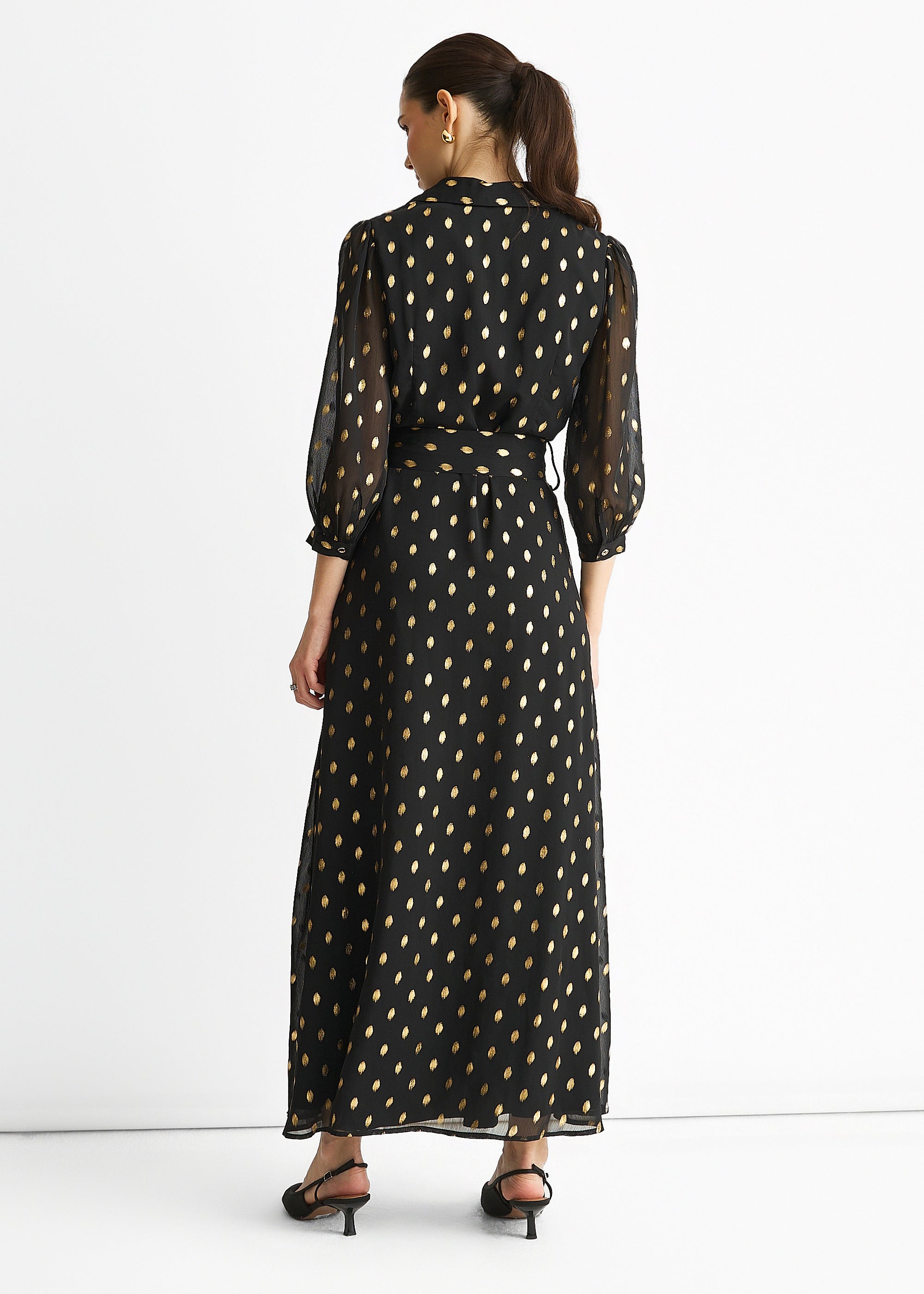 Gini London Black Chiffon Foil Belted Maxi Shirt Dress