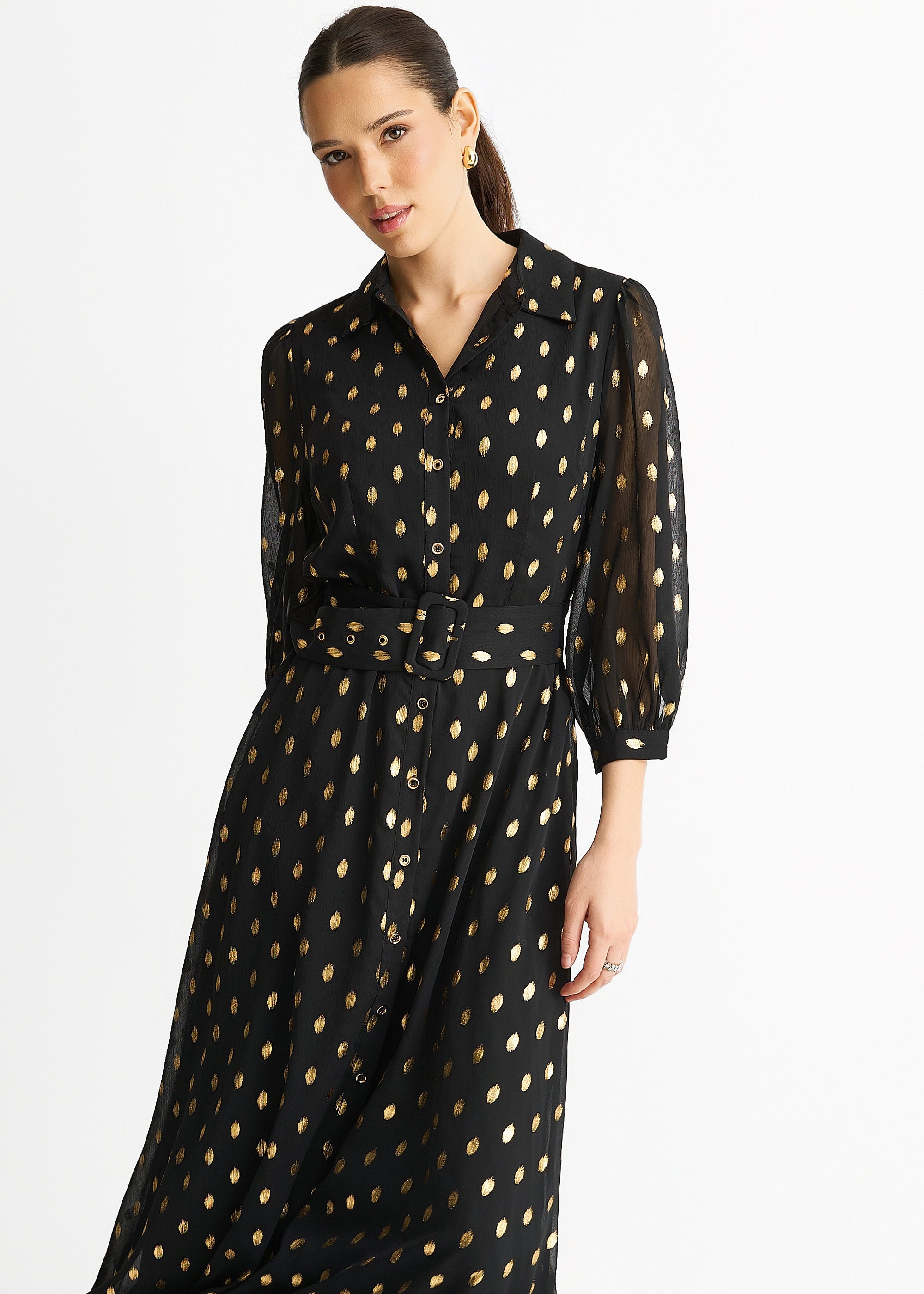 Gini London Black Chiffon Foil Belted Maxi Shirt Dress