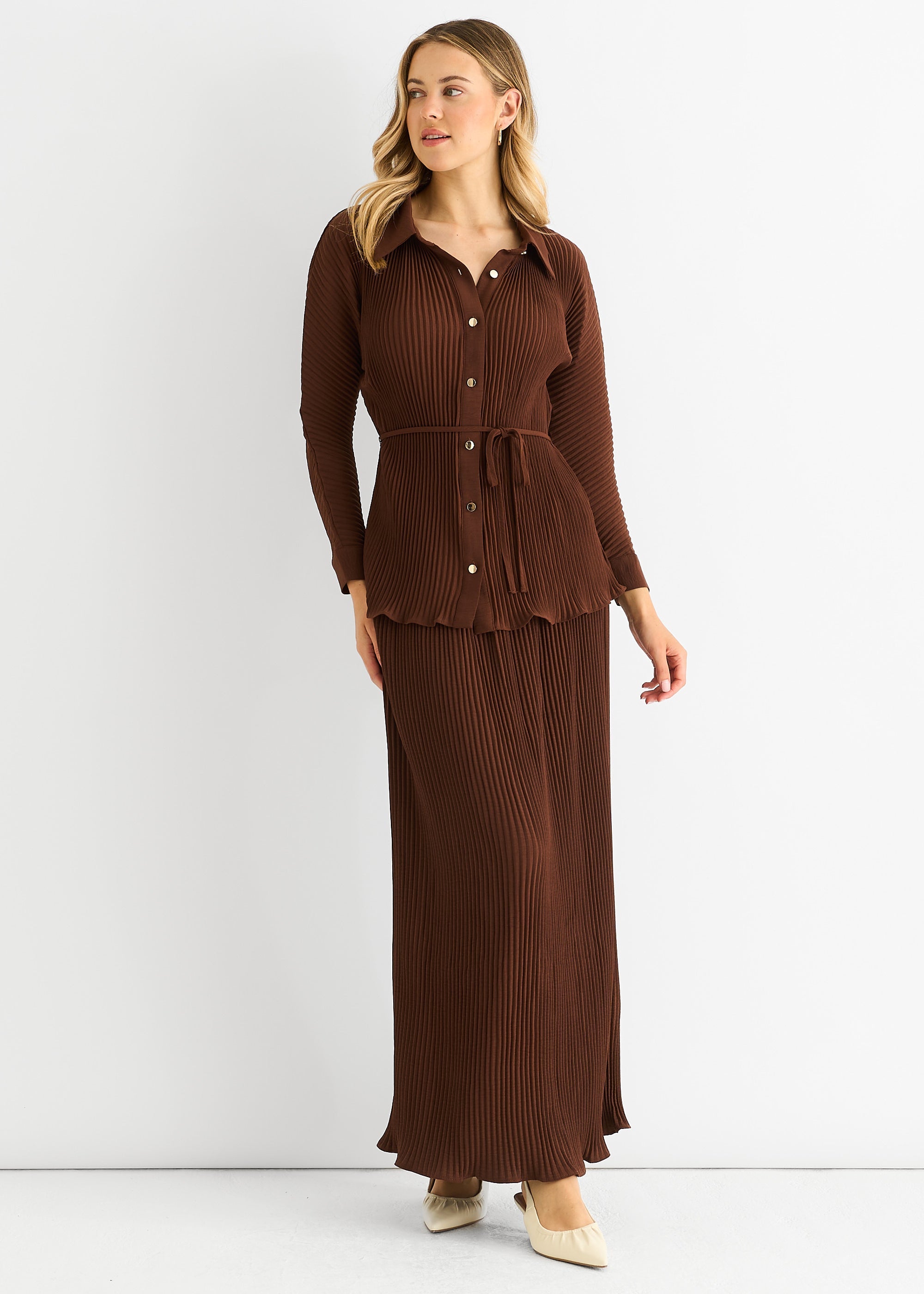 Gini London Chocolate Plisse Button Through Shirt