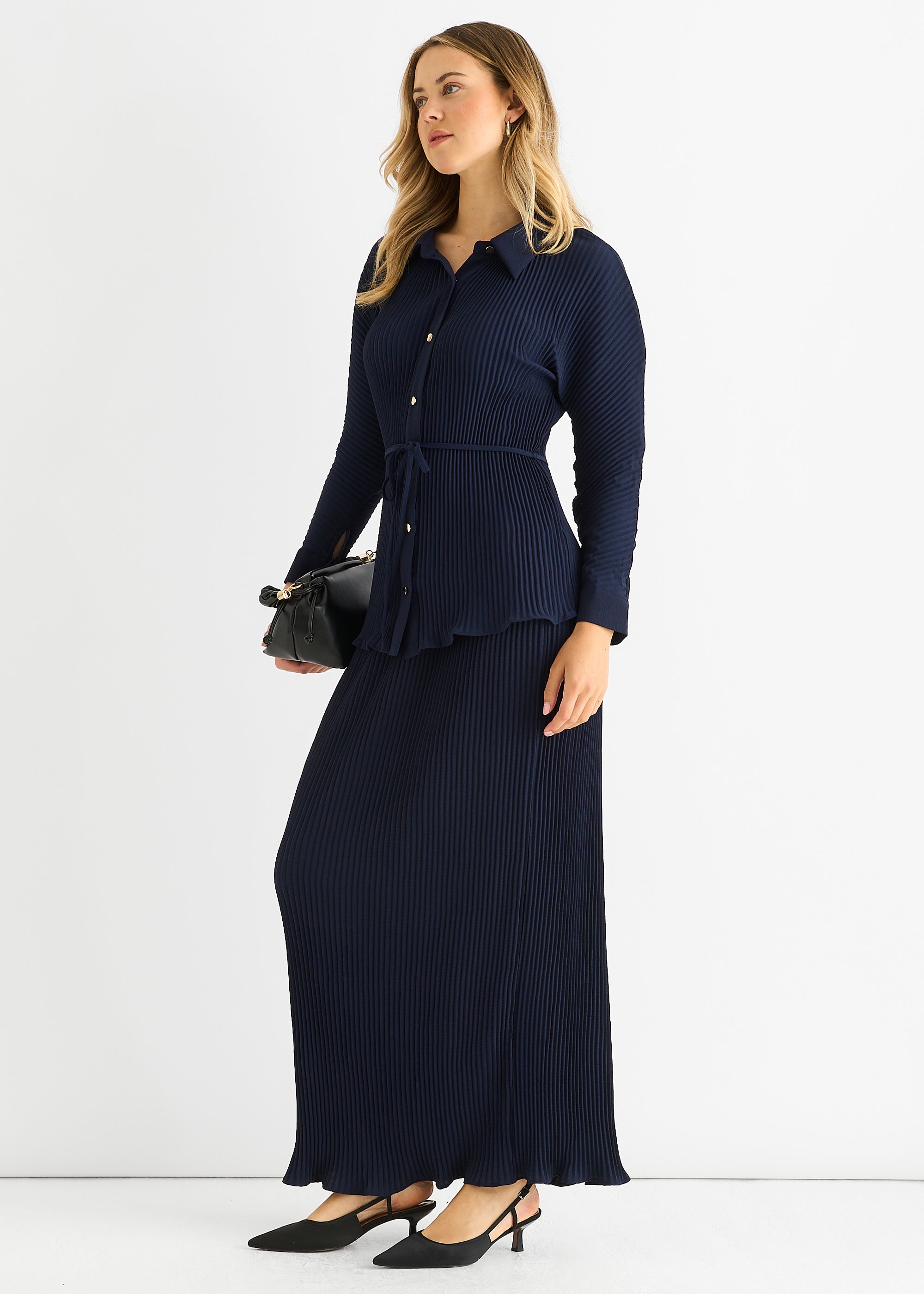 Gini London Navy Plisse Button Through Shirt