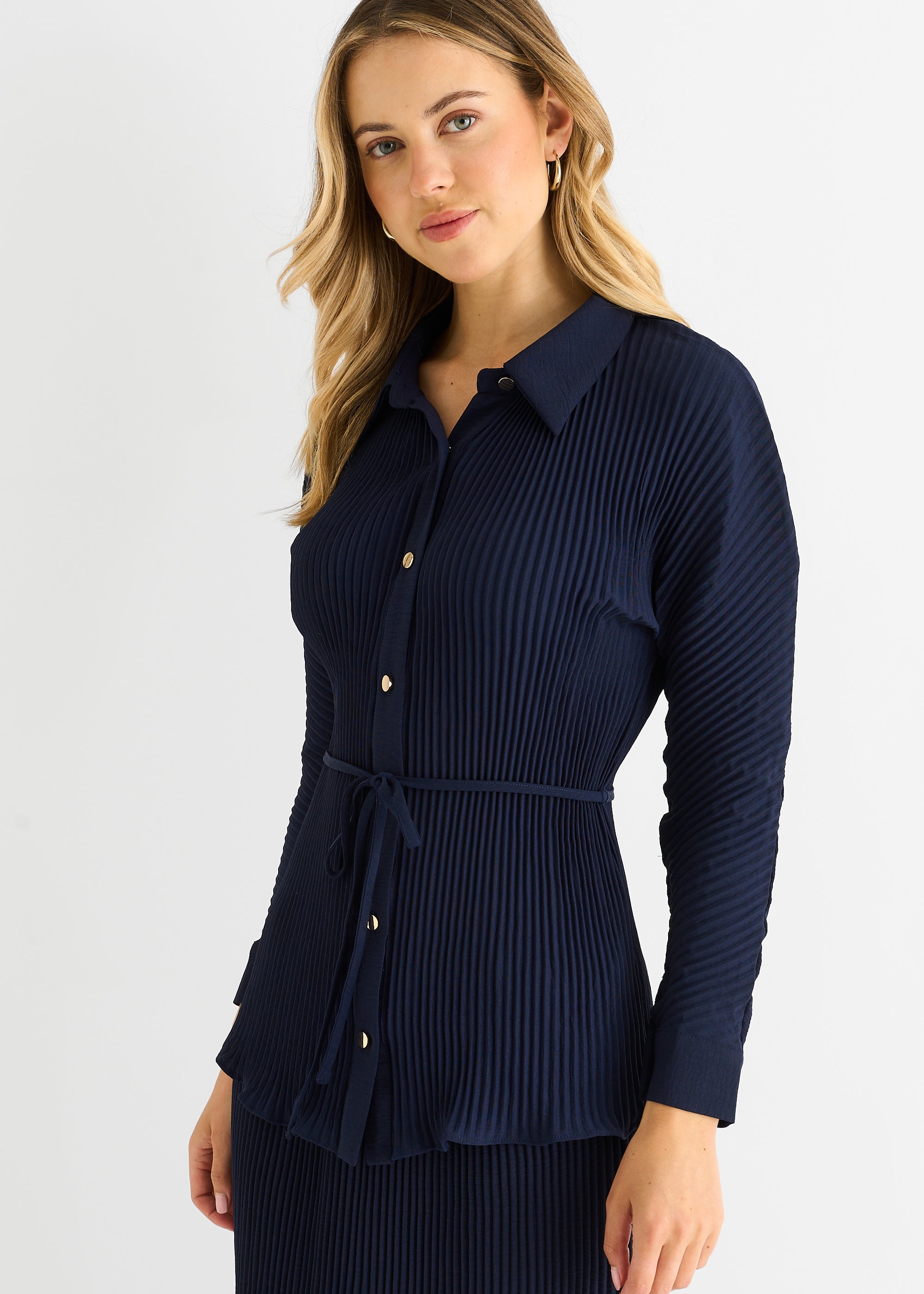 Gini London Navy Plisse Button Through Shirt