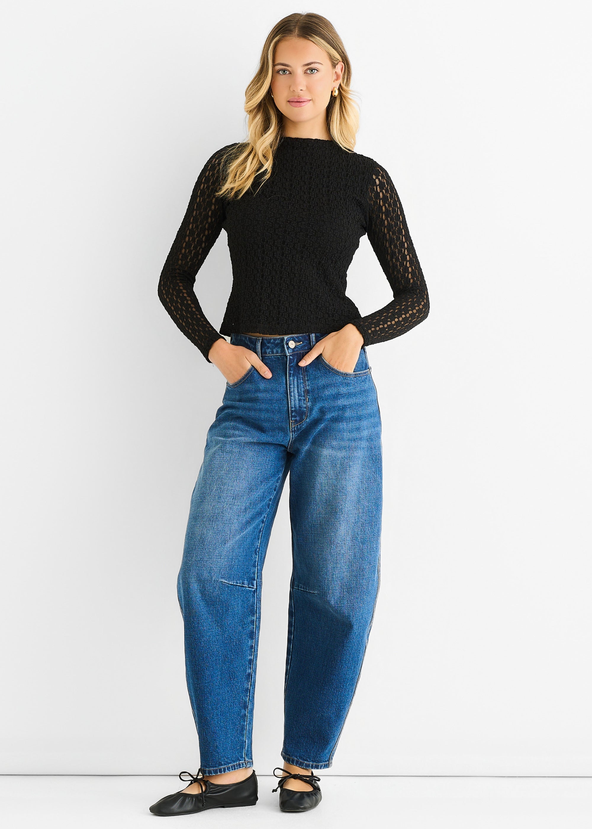 Gini London Black High Neck Jersey Lace Long Sleeve Top
