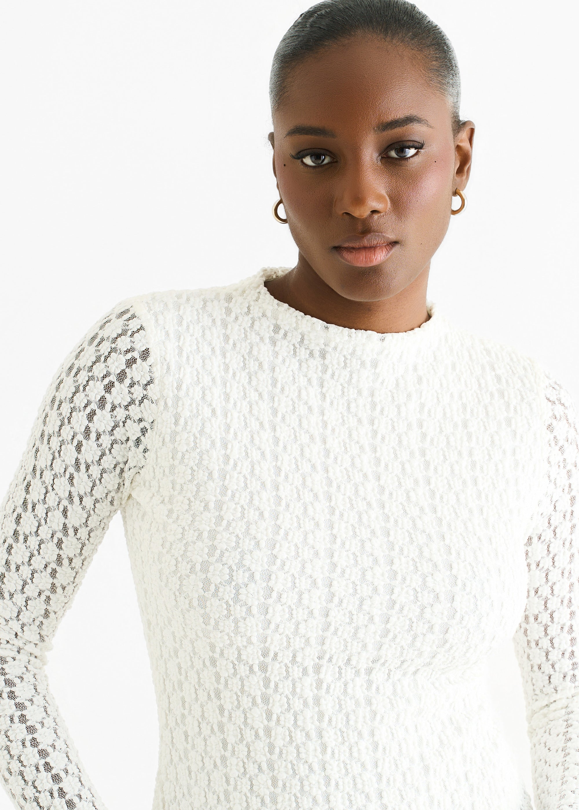 Gini London White High Neck Jersey Lace Long Sleeve Top