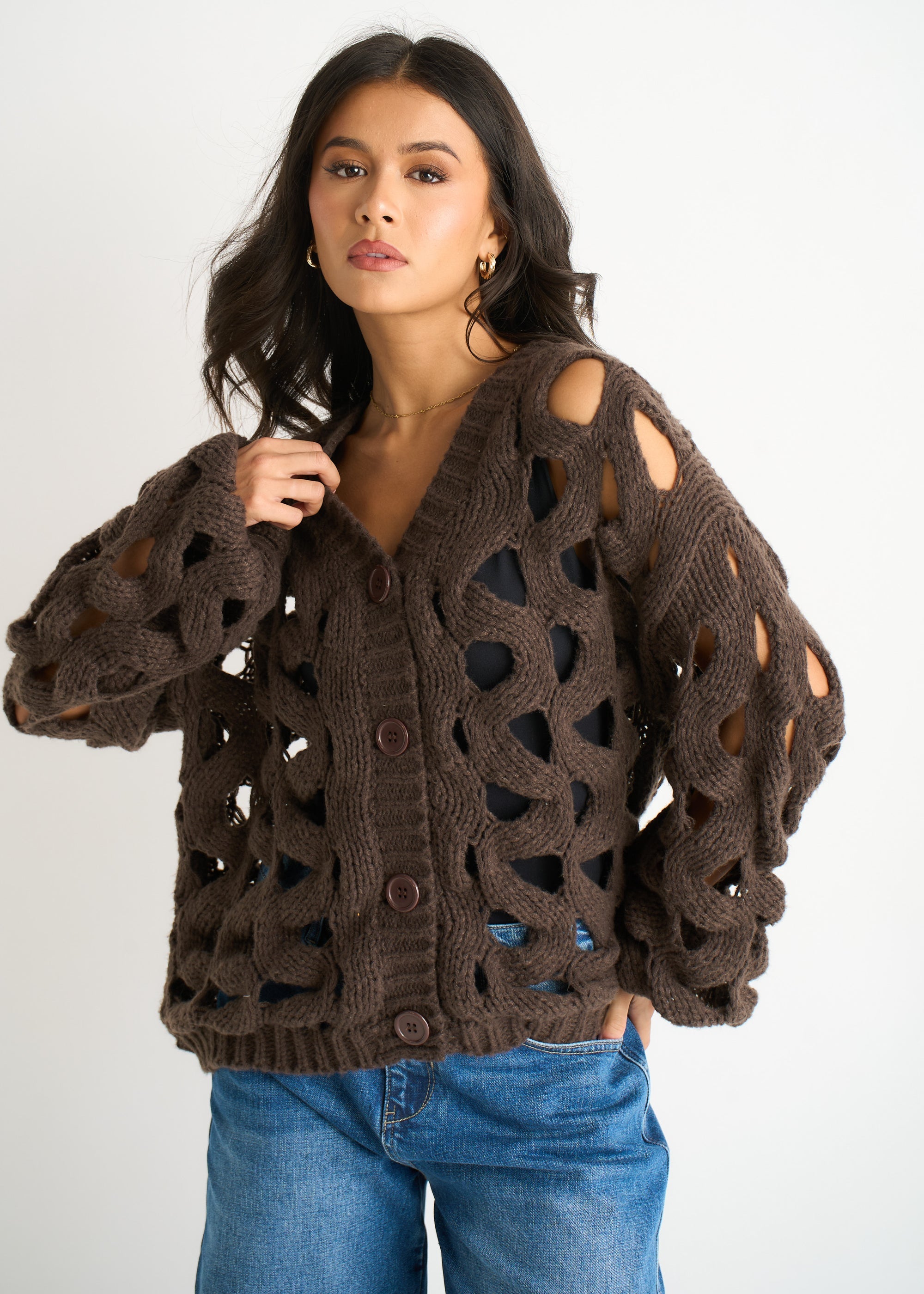 Gini London Chocolate Hollow Chunky Knit Cardigan