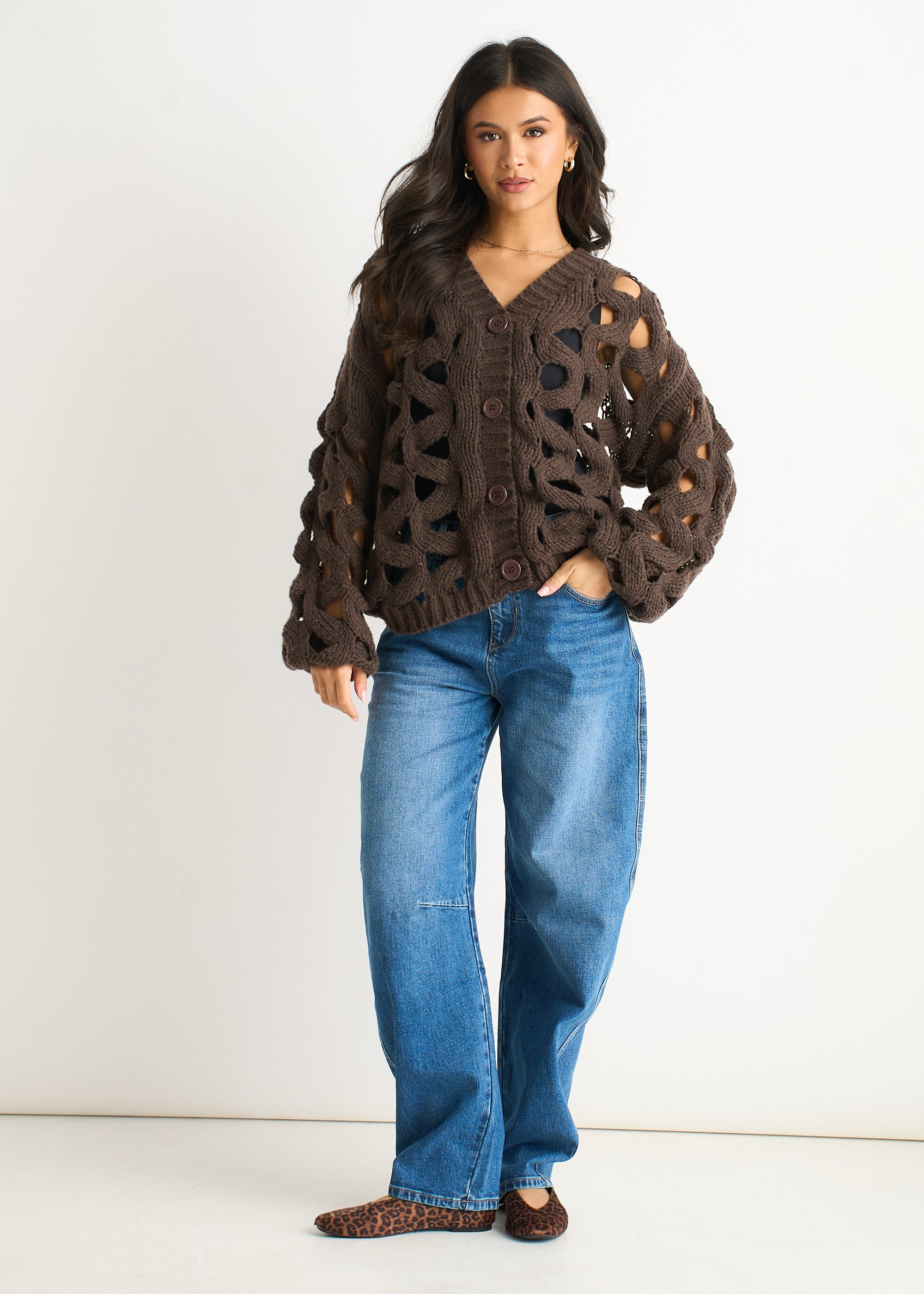 Gini London Chocolate Hollow Chunky Knit Cardigan