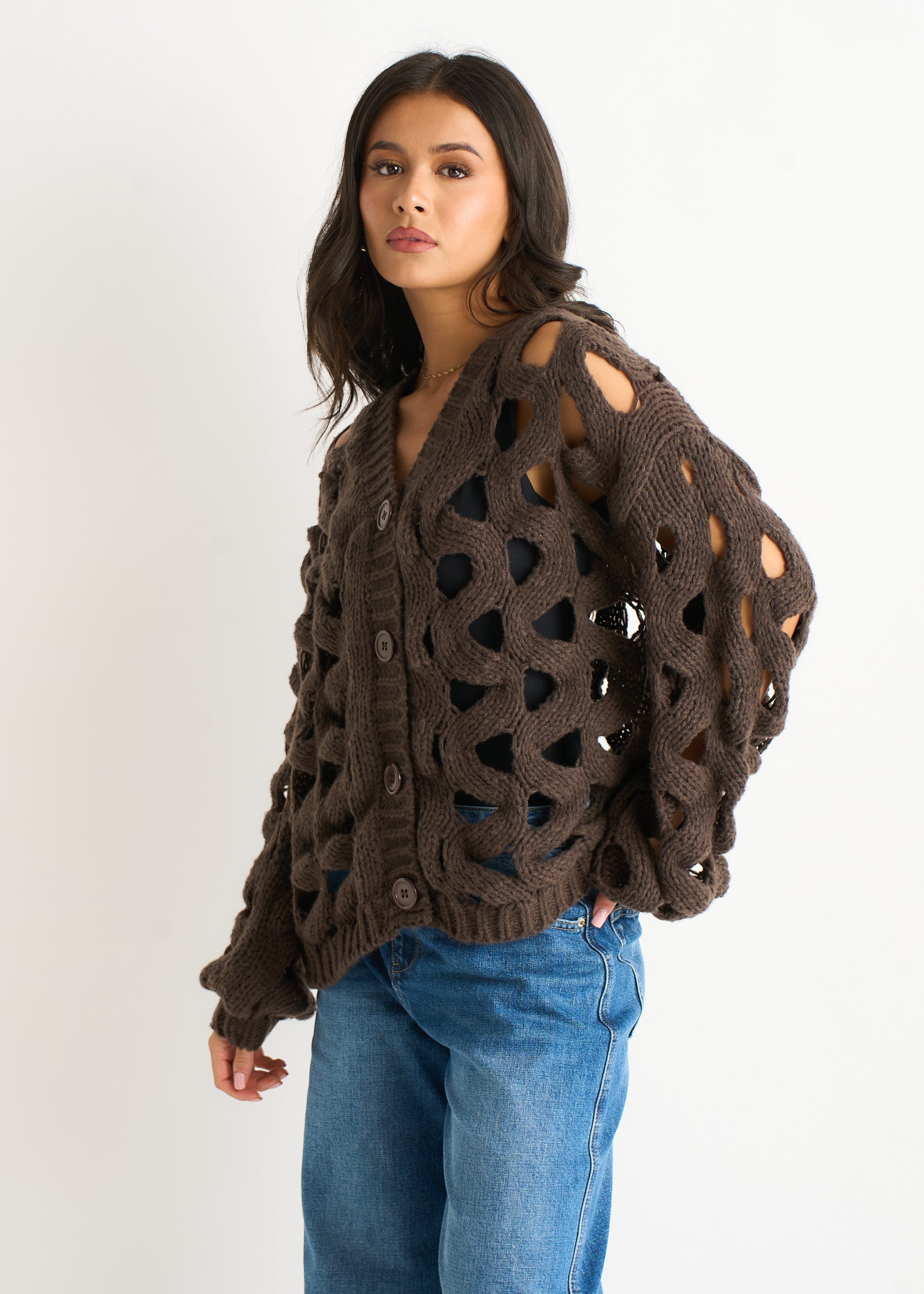 Gini London Chocolate Hollow Chunky Knit Cardigan