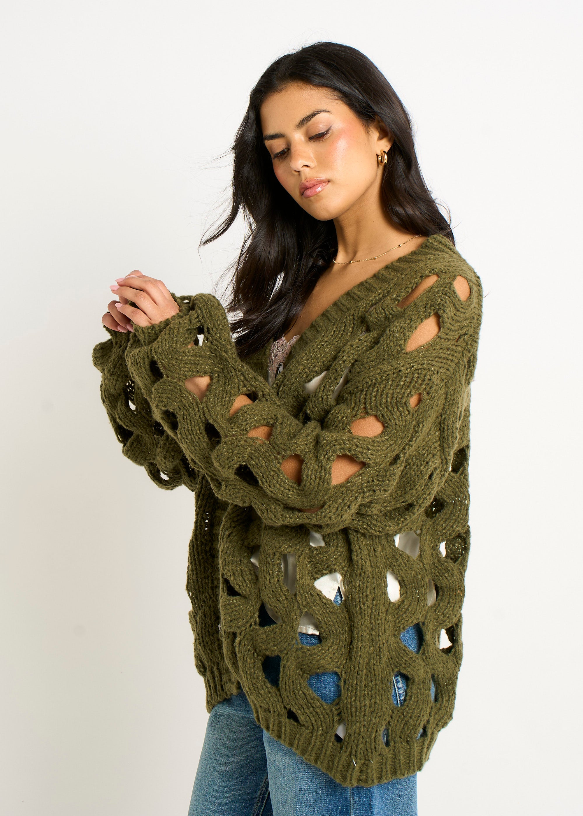 Gini London Khaki Hollow Chunky Knit Cardigan