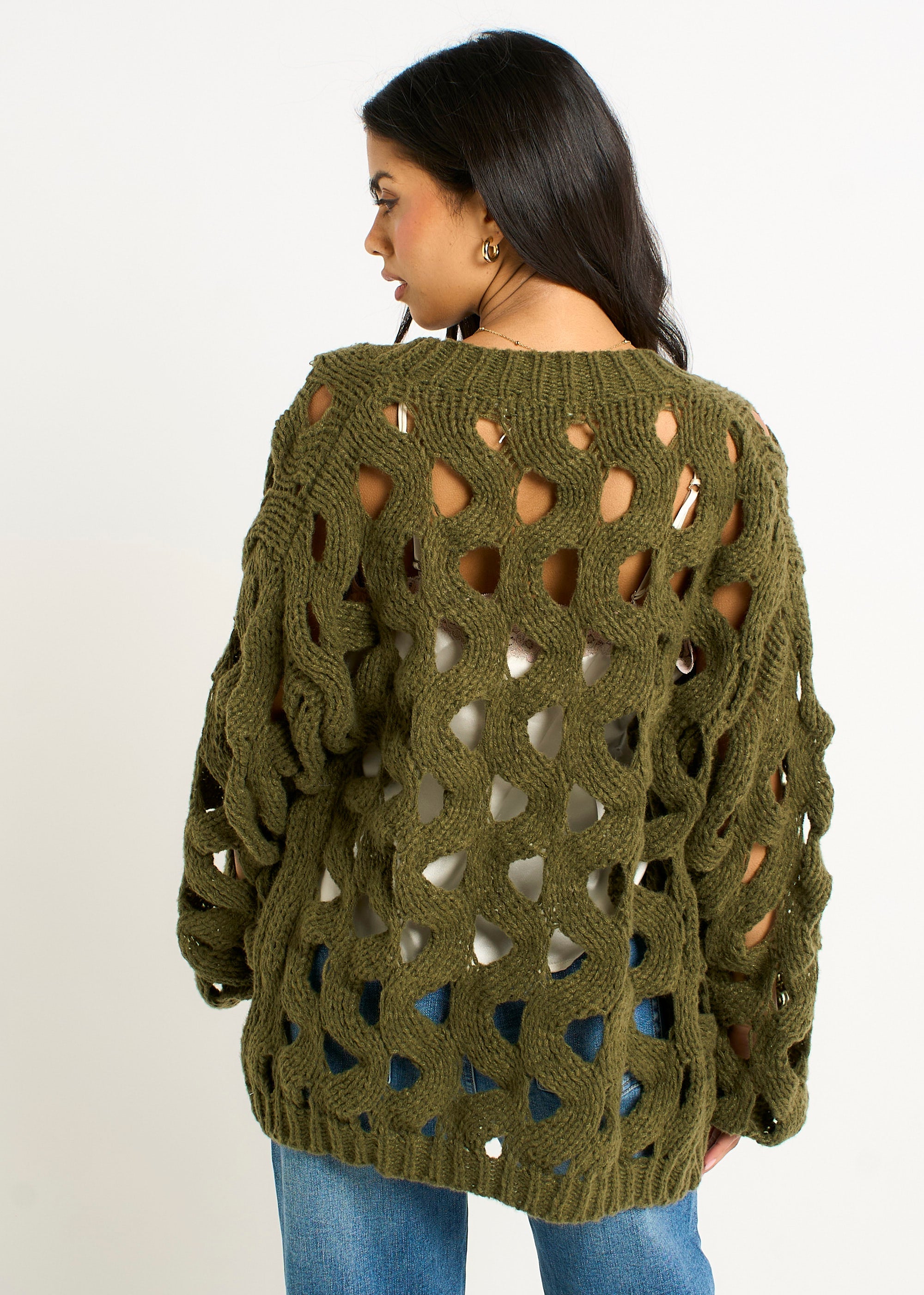 Gini London Khaki Hollow Chunky Knit Cardigan
