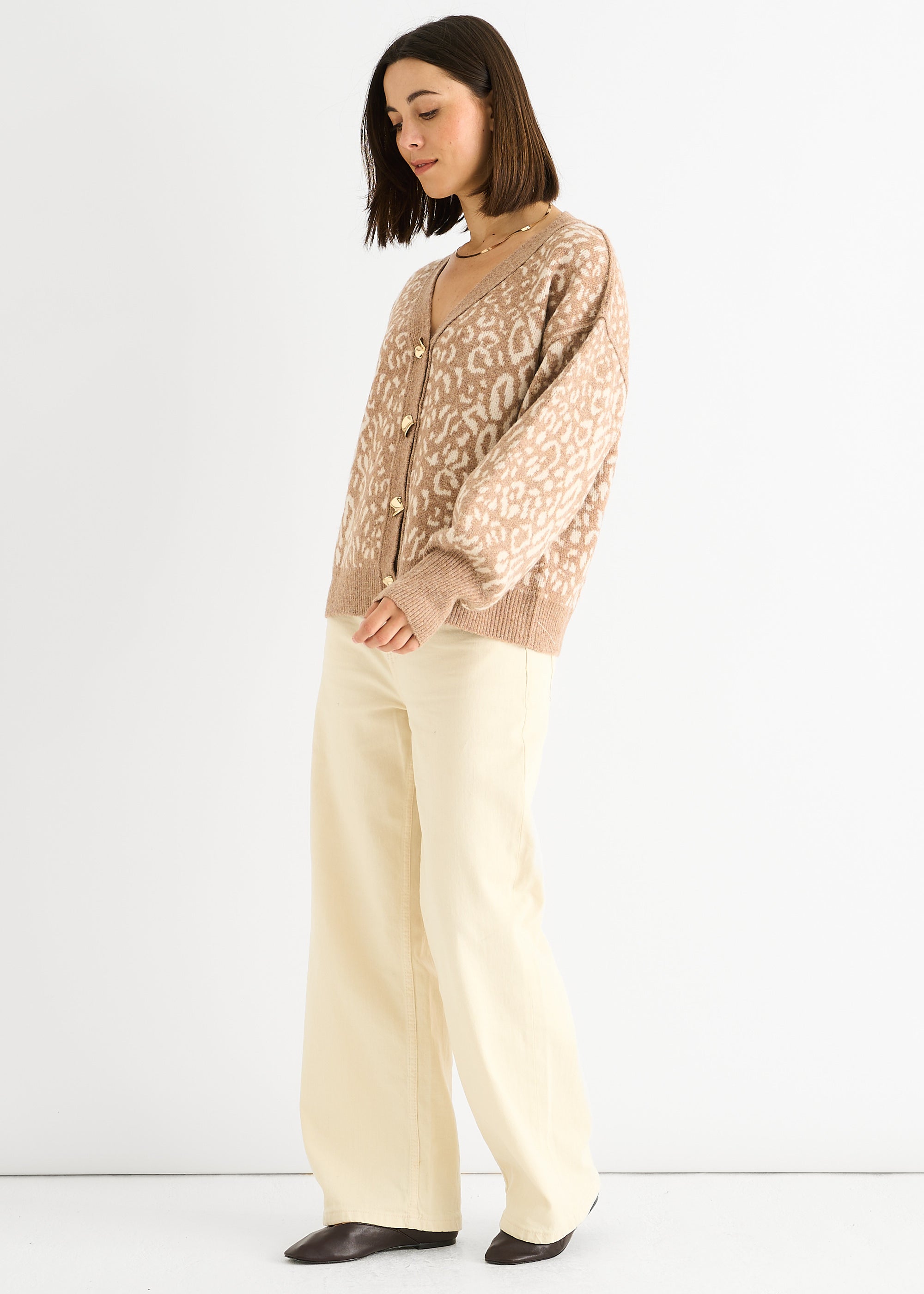 Gini London Camel Animal Print Wool Mix Cardigan Look Jumper
