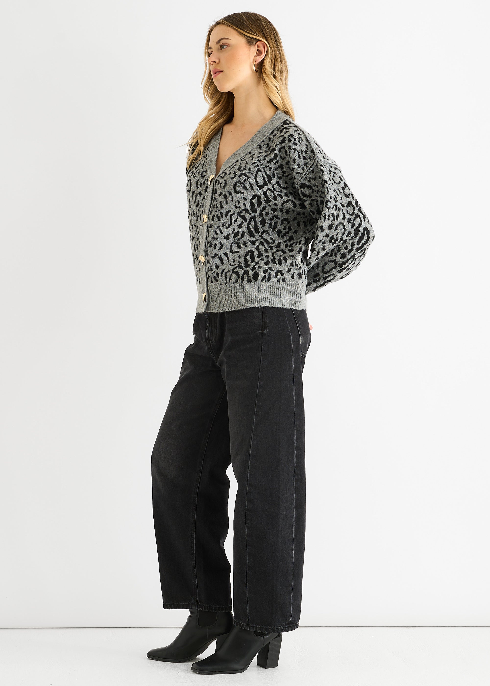 Gini London Grey Animal Print Wool Mix Cardigan Look Jumper