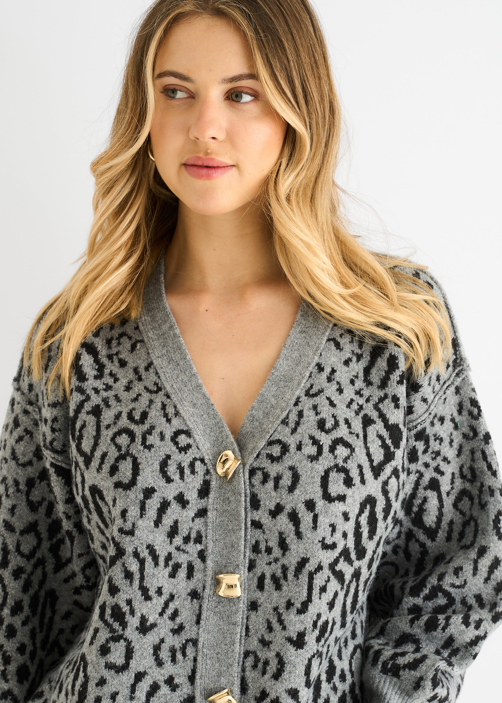 Gini London Grey Animal Print Wool Mix Cardigan Look Jumper