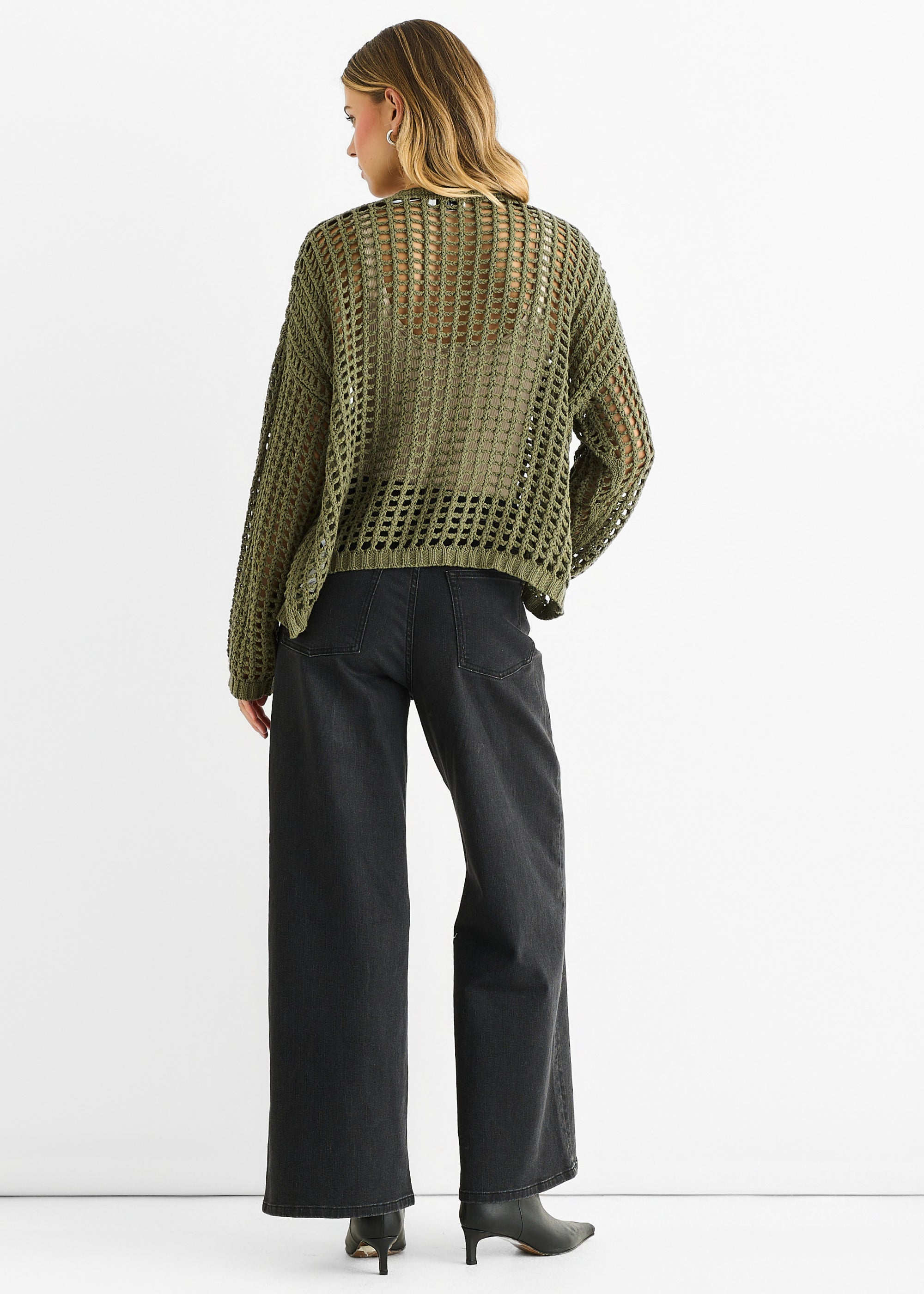 Gini London Khaki Open Knit Edge to Edge Cardigan