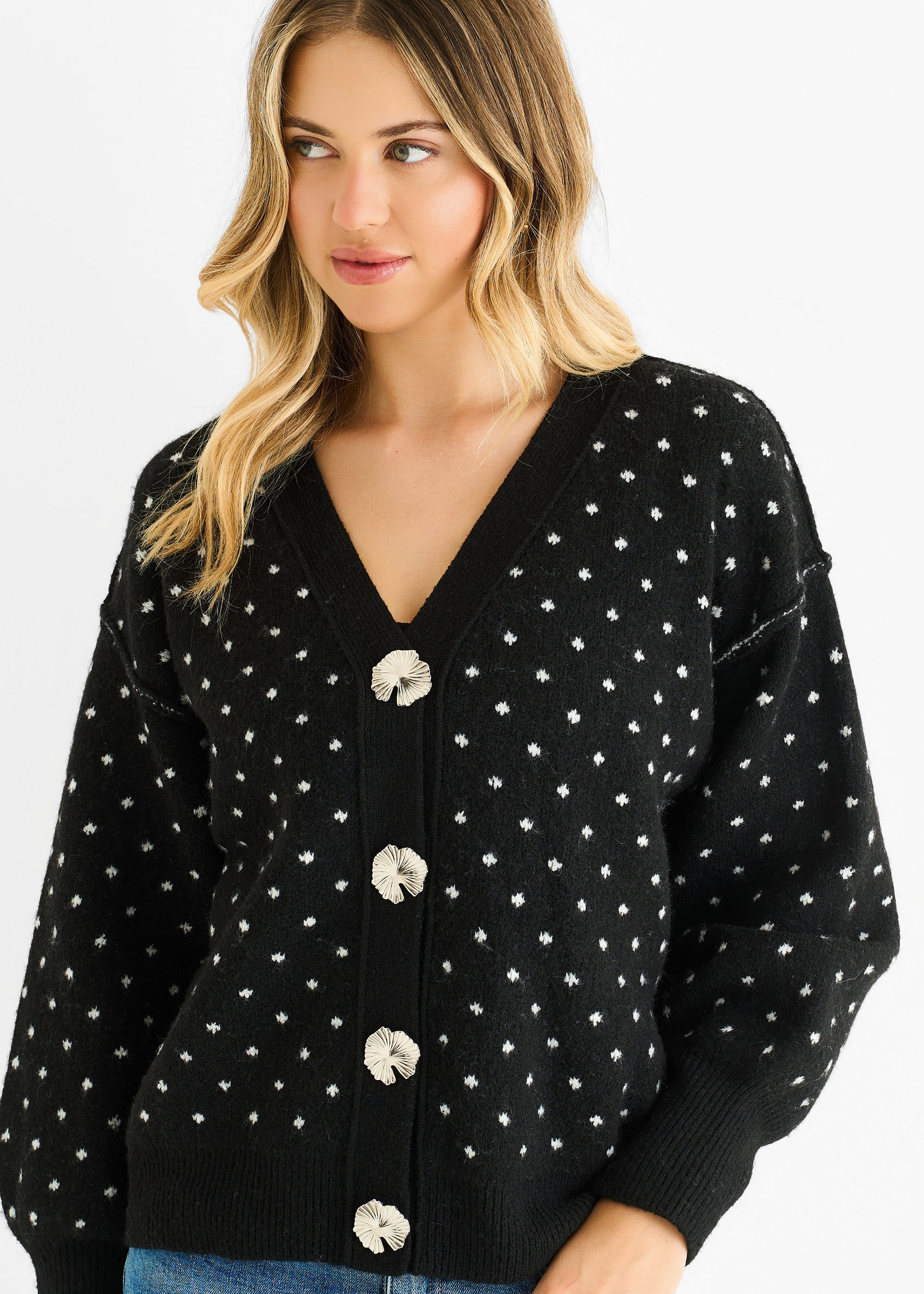 Gini London Black Spot Print Button Cardigan Look Jumper