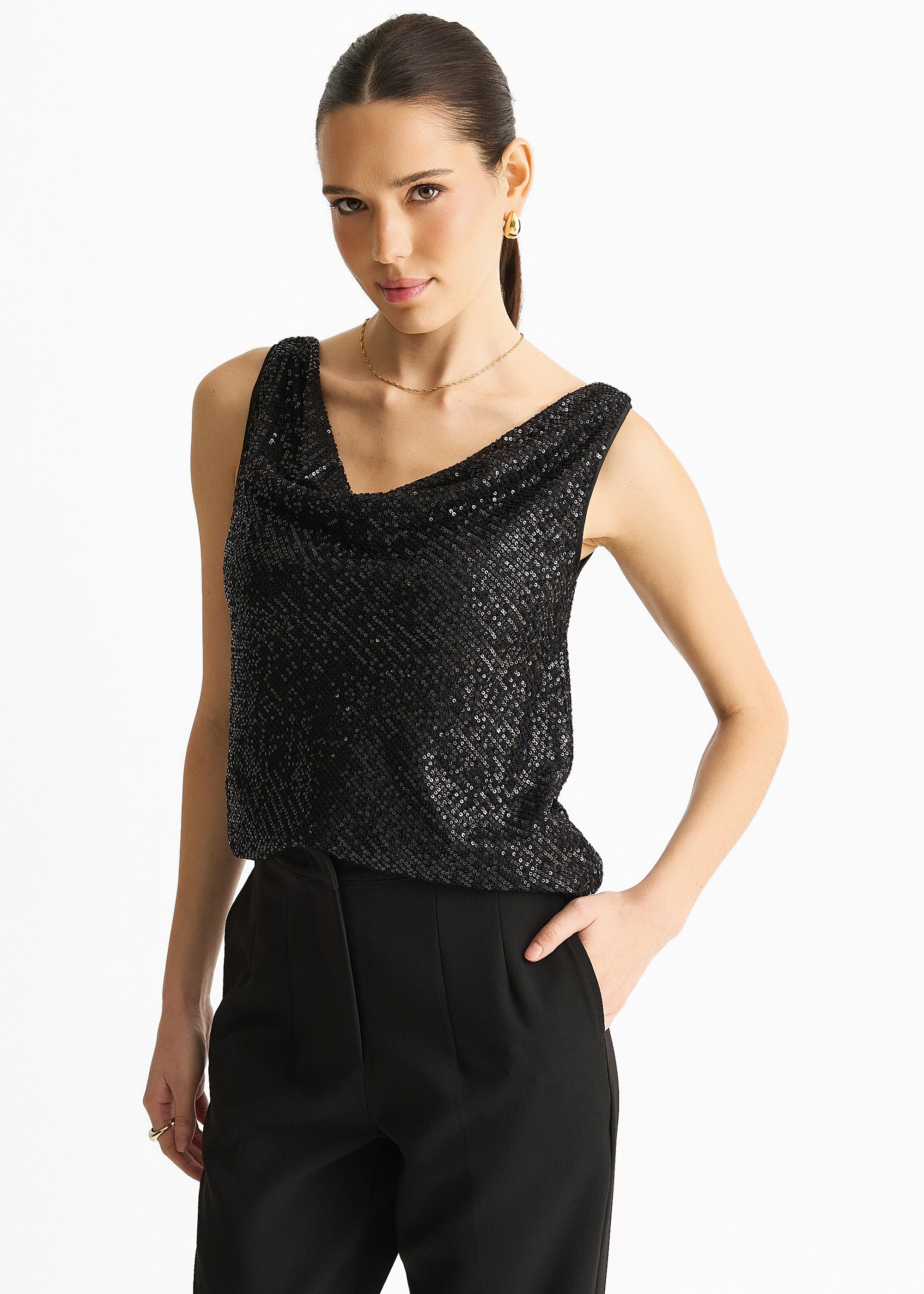 Gini London Black Sequin Cowl Neck Cami Top