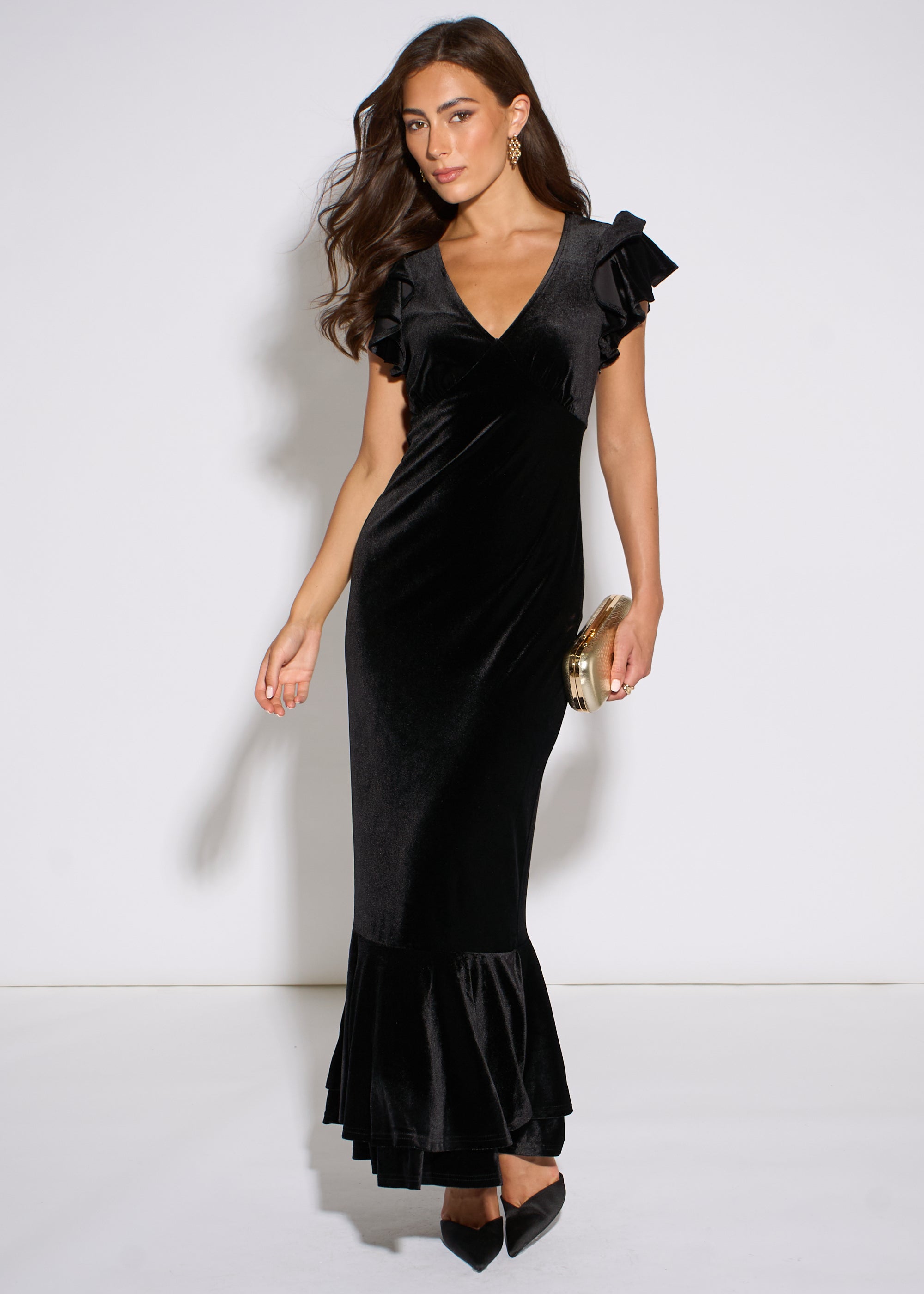 Gini London Black V Neck Ruffle Sleeves Velvet Occasion Maxi Dress