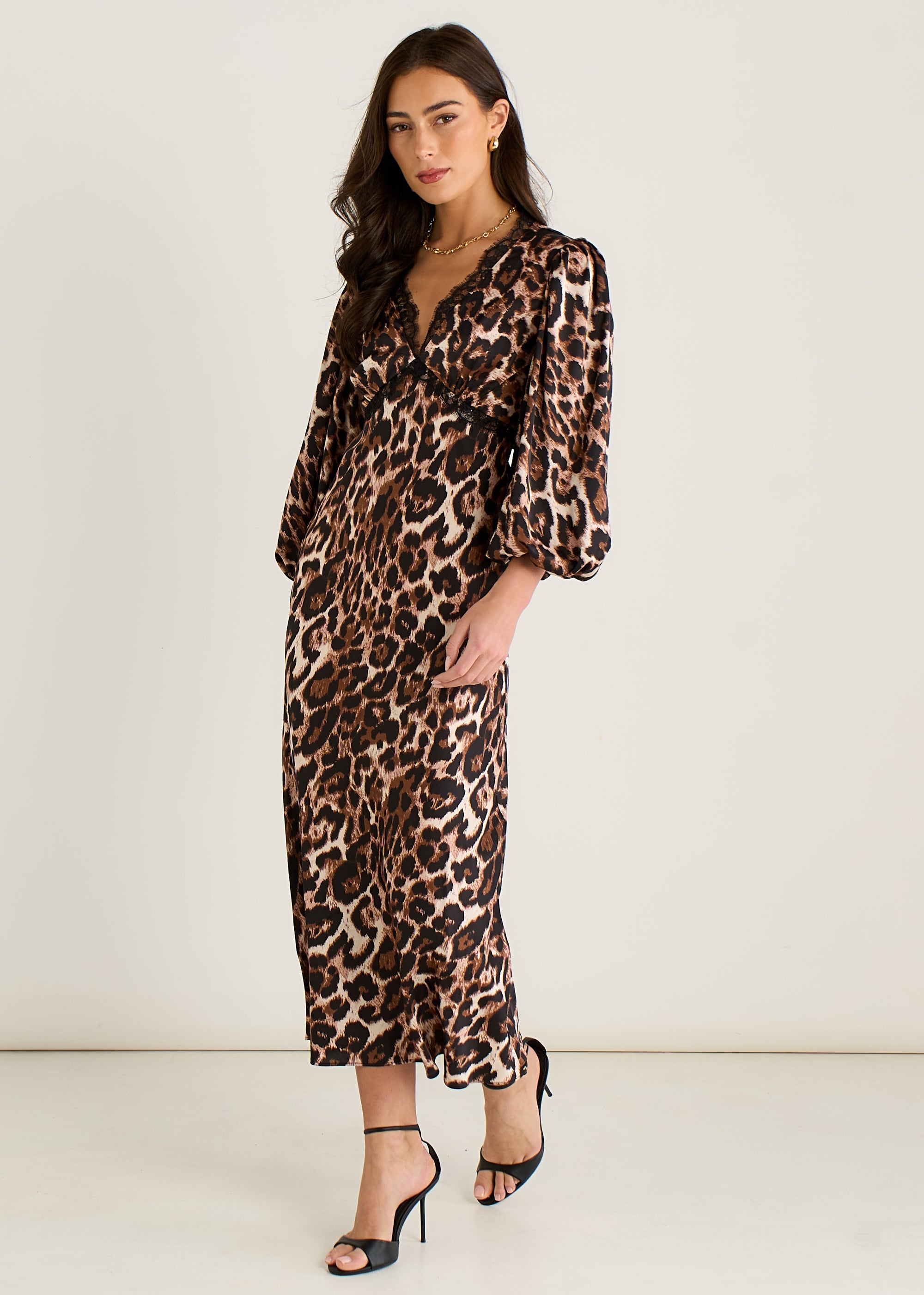 Gini London Brown Animal Lace Trim Satin Bias Midi Dress