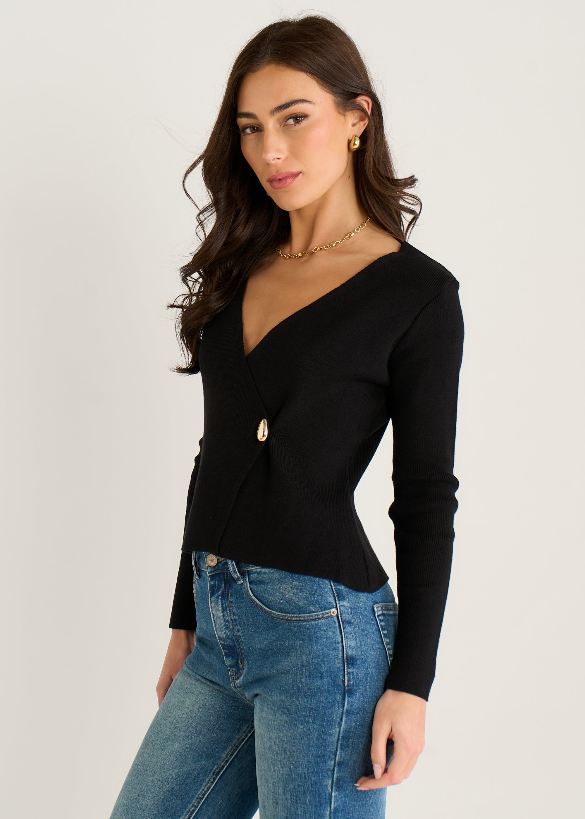 Gini London Black Button Wrap Compact Knit Cardigan