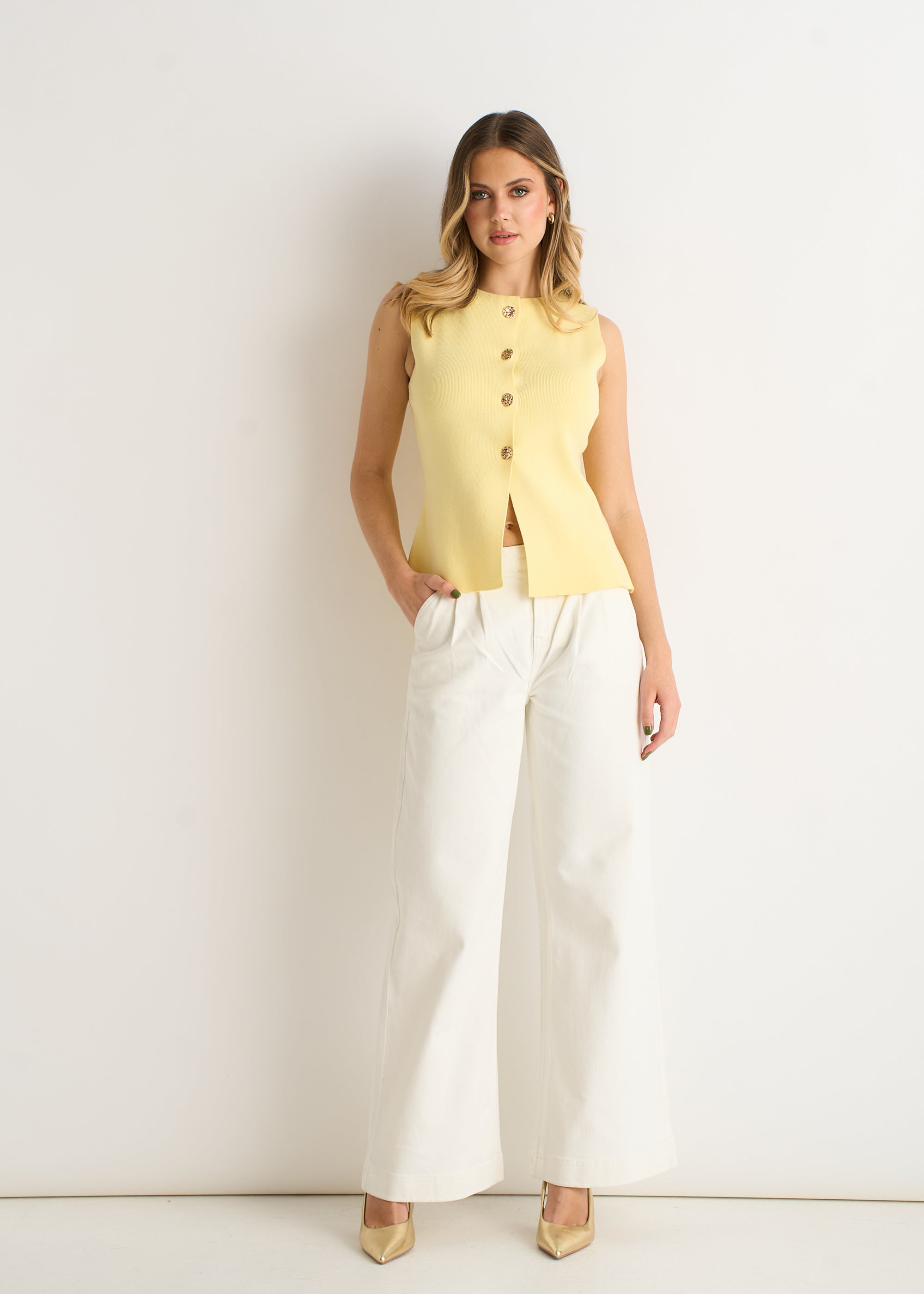 Gini London Lemon Button Front Compact Knit Waistcoat