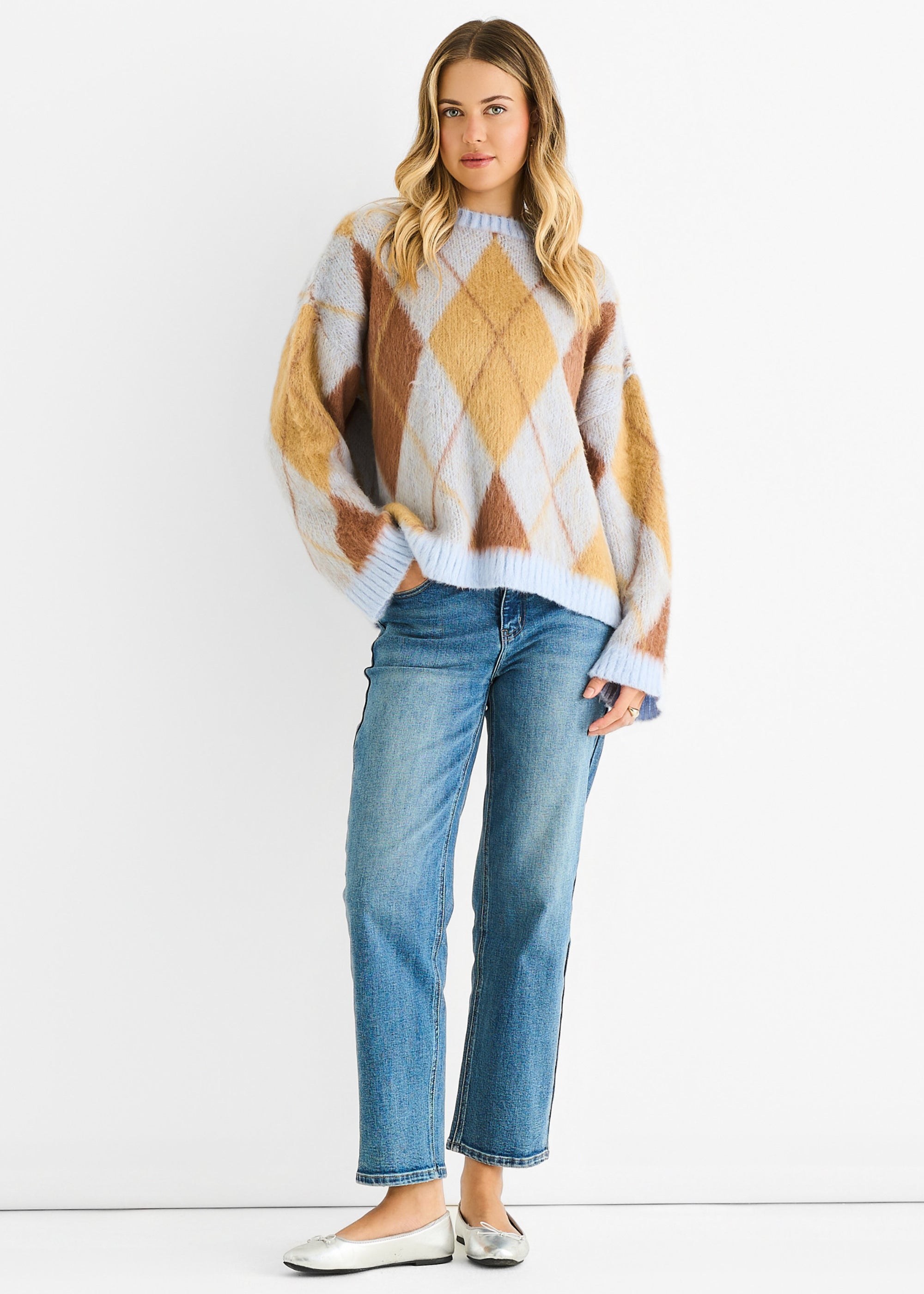Gini London Blue Argyle Knit Round Neck Jumper