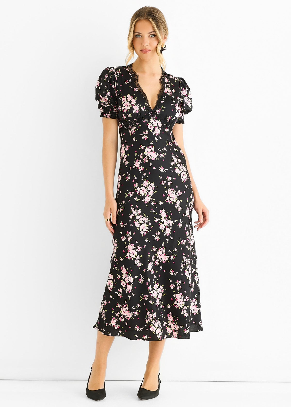 Gini London Black Floral Lace Trim Bias Midi Dress