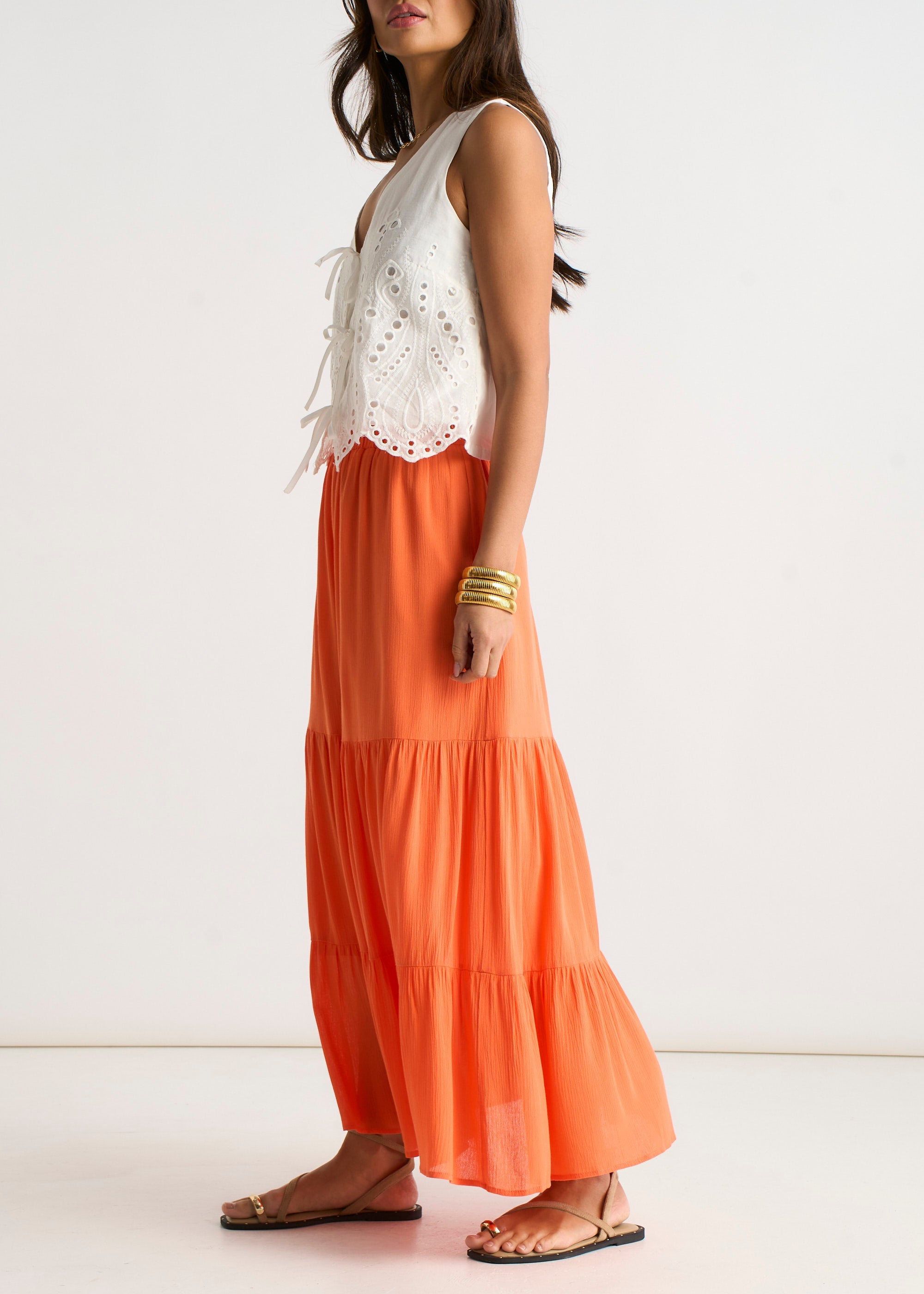 Gini London Orange Viscose Tiered Skater Maxi Skirt