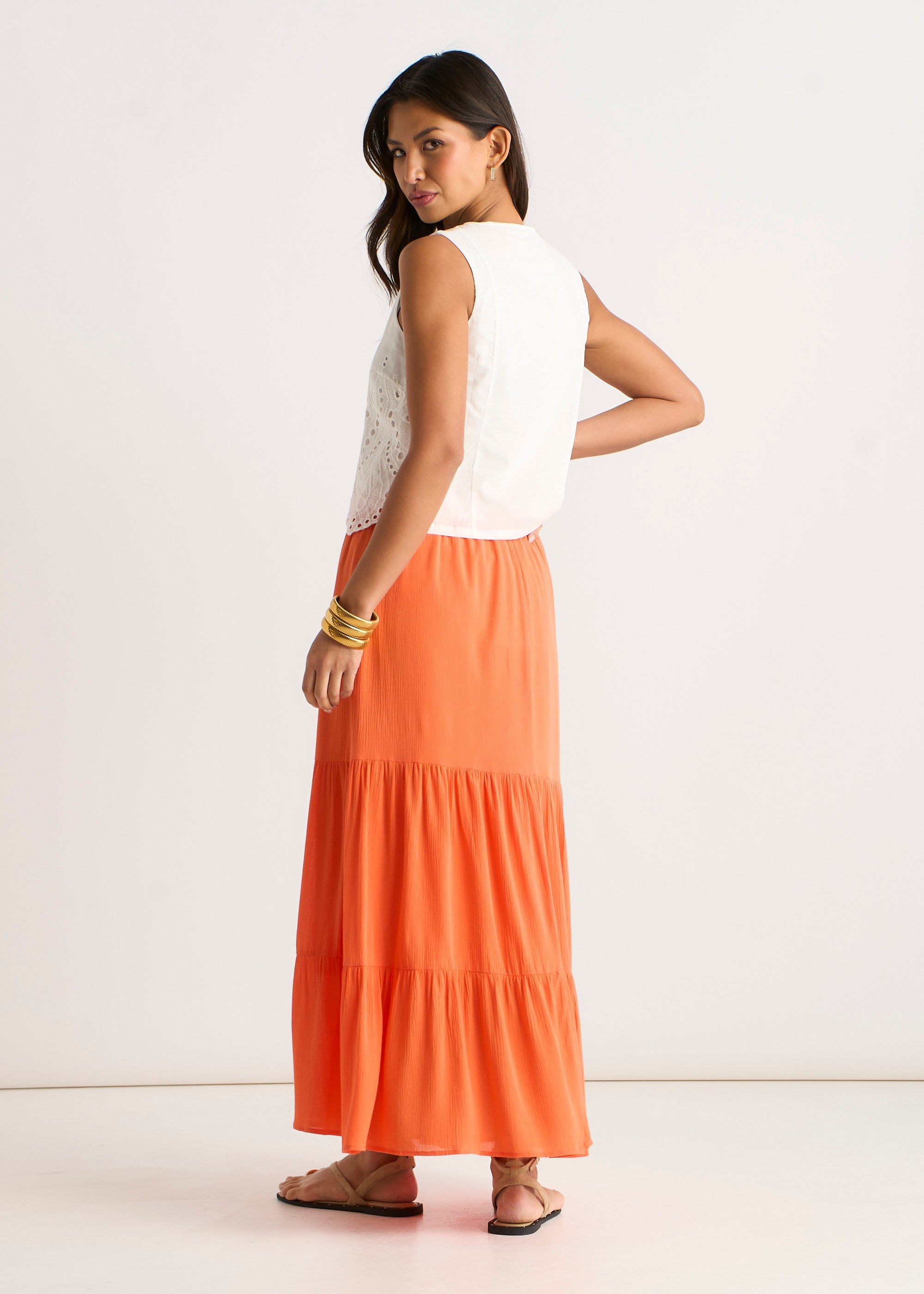 Gini London Orange Viscose Tiered Skater Maxi Skirt