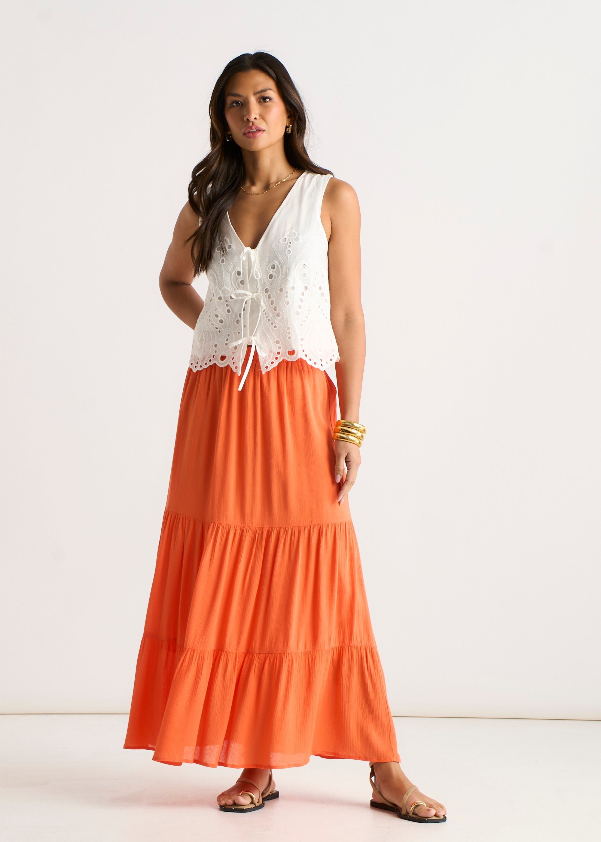 Gini London Orange Viscose Tiered Skater Maxi Skirt