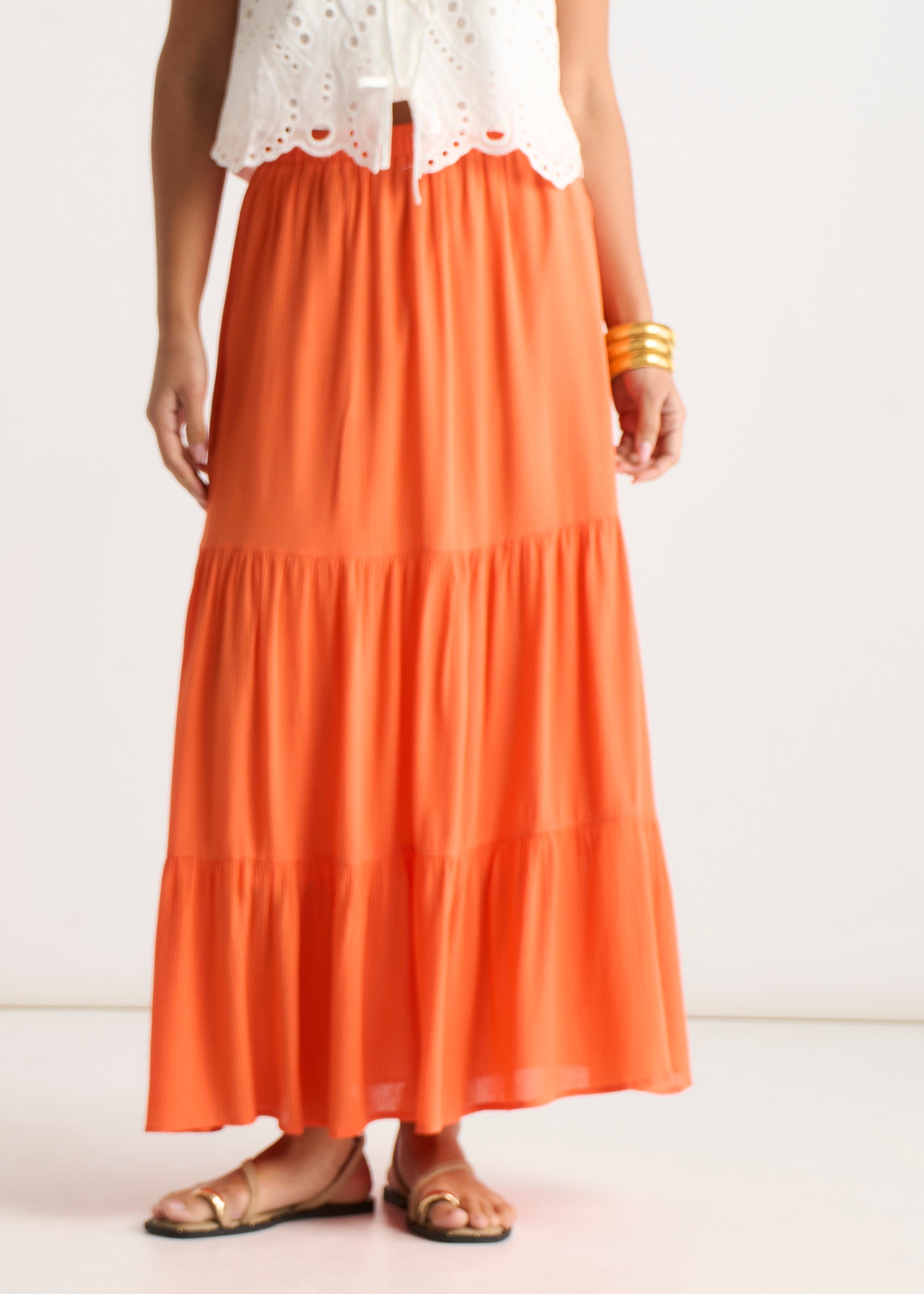 Gini London Orange Viscose Tiered Skater Maxi Skirt
