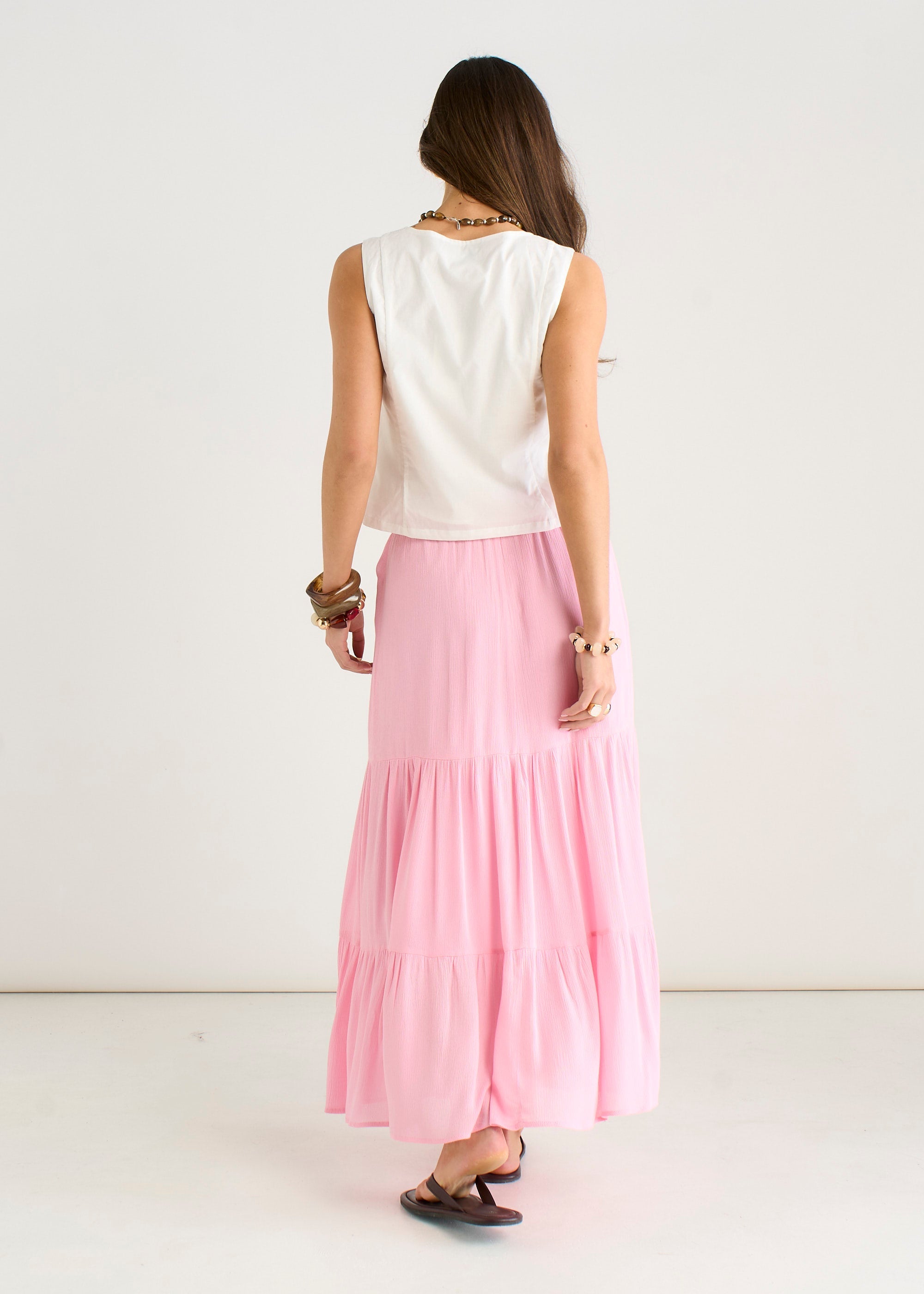 Gini London Pink Viscose Tiered Skater Maxi Skirt