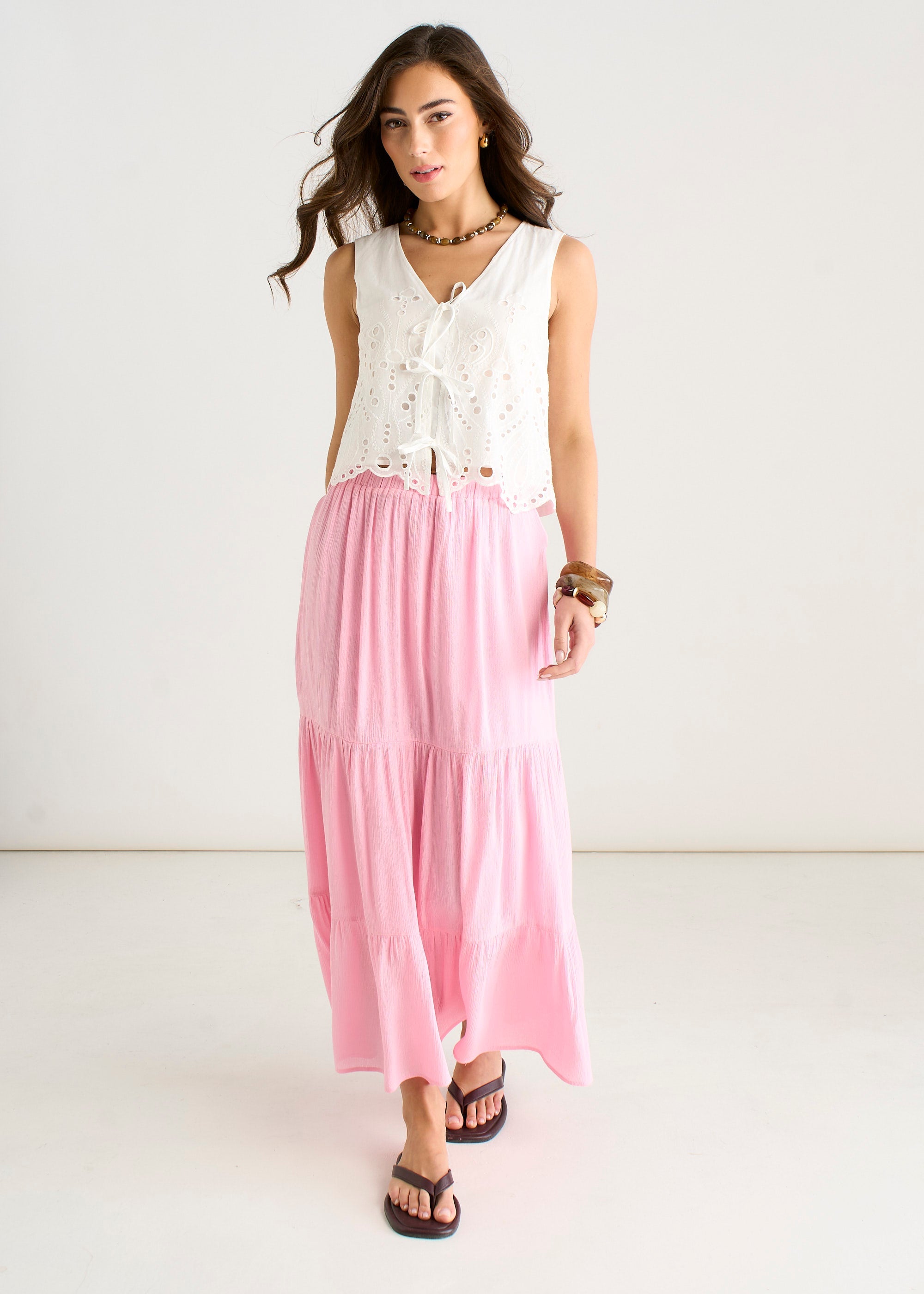 Gini London Pink Viscose Tiered Skater Maxi Skirt