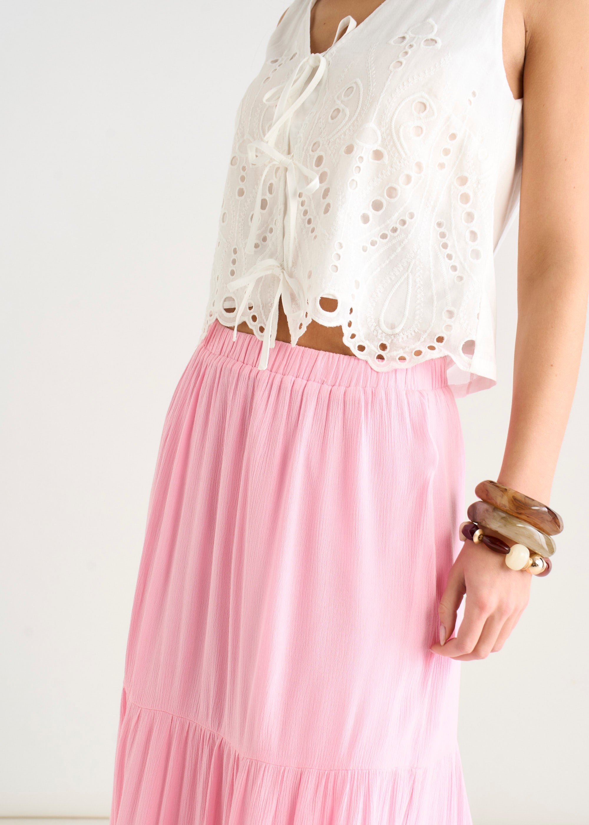 Gini London Pink Viscose Tiered Skater Maxi Skirt